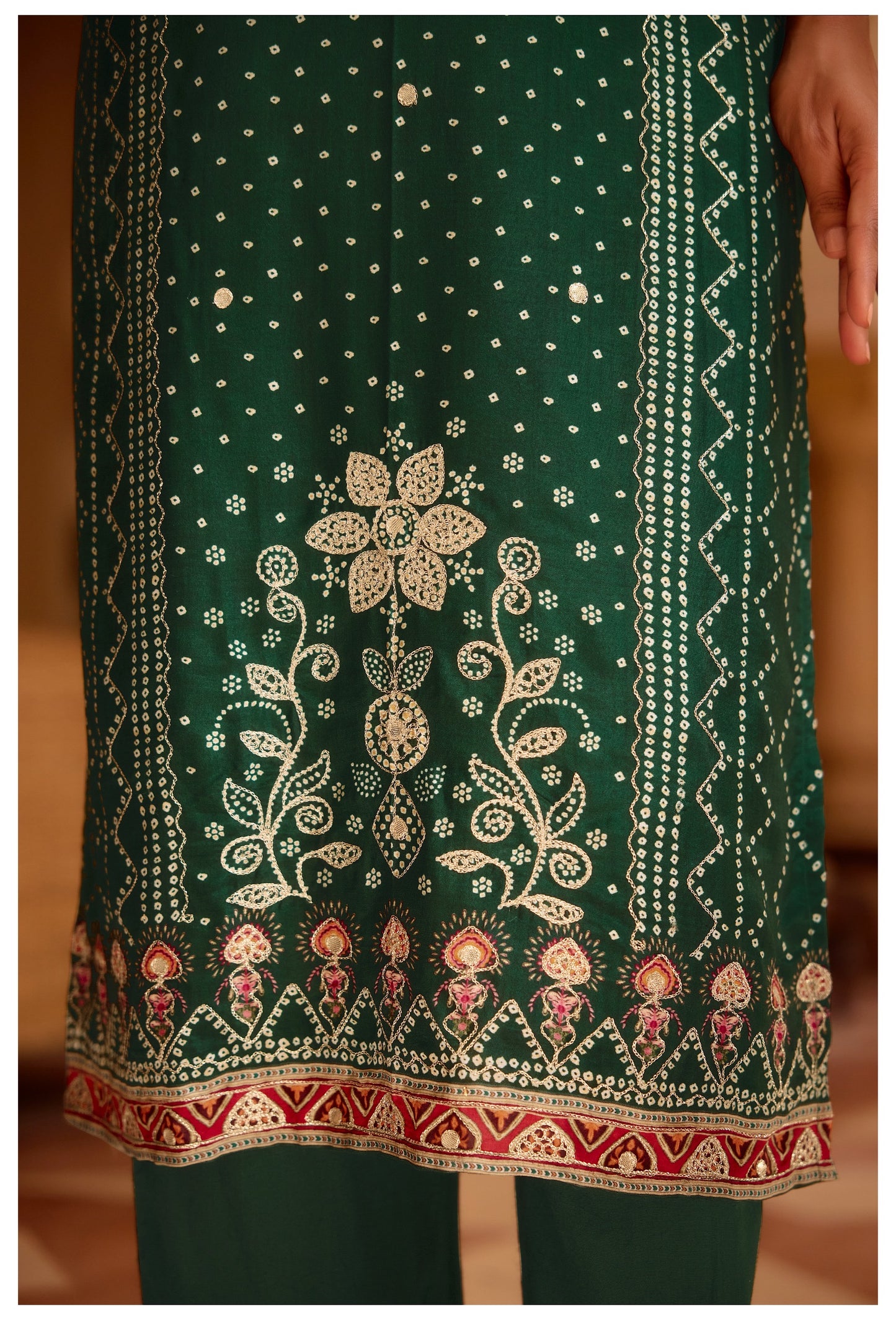 Bottle green Bandhani Russian silk suit