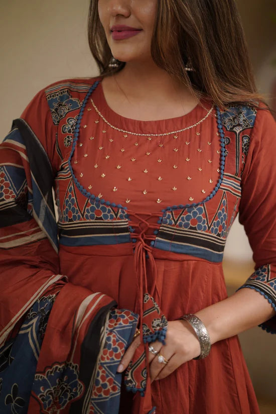 Ajrakh rust cotton Anarkali