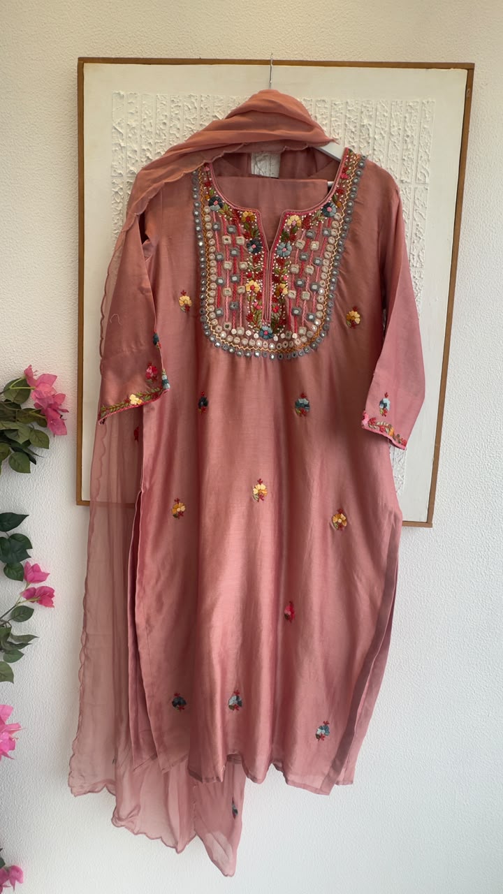 Real mirror work chandari silk with soft organza dup