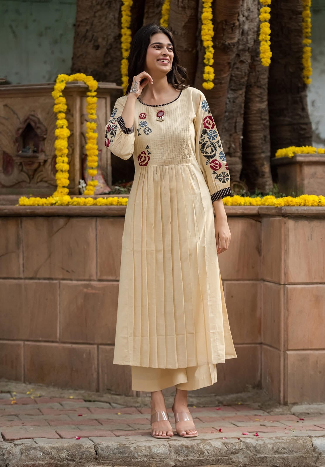 Embroidery ivory cotton kurta plazoo set
