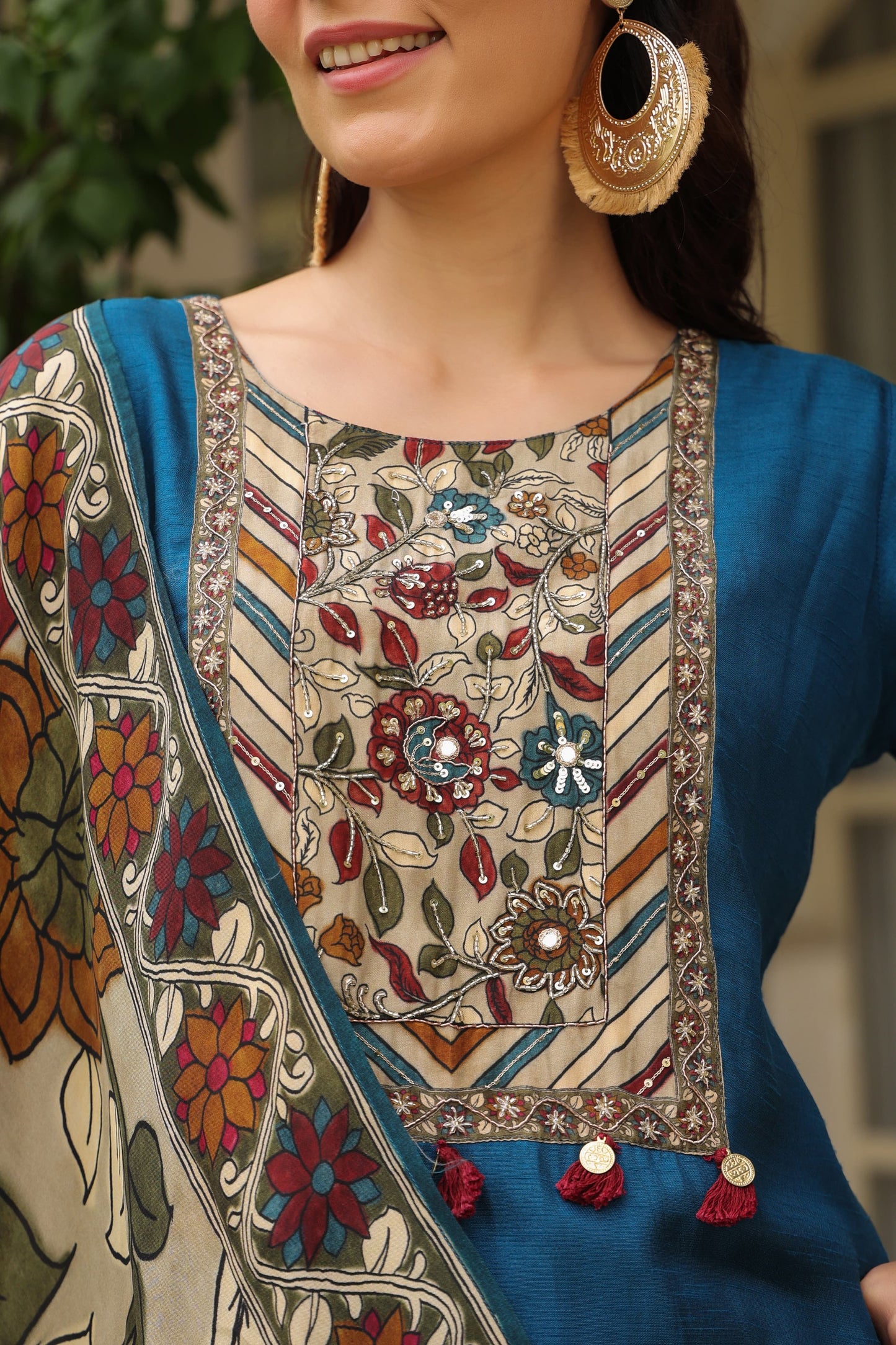 Blue silk Kamkari suit