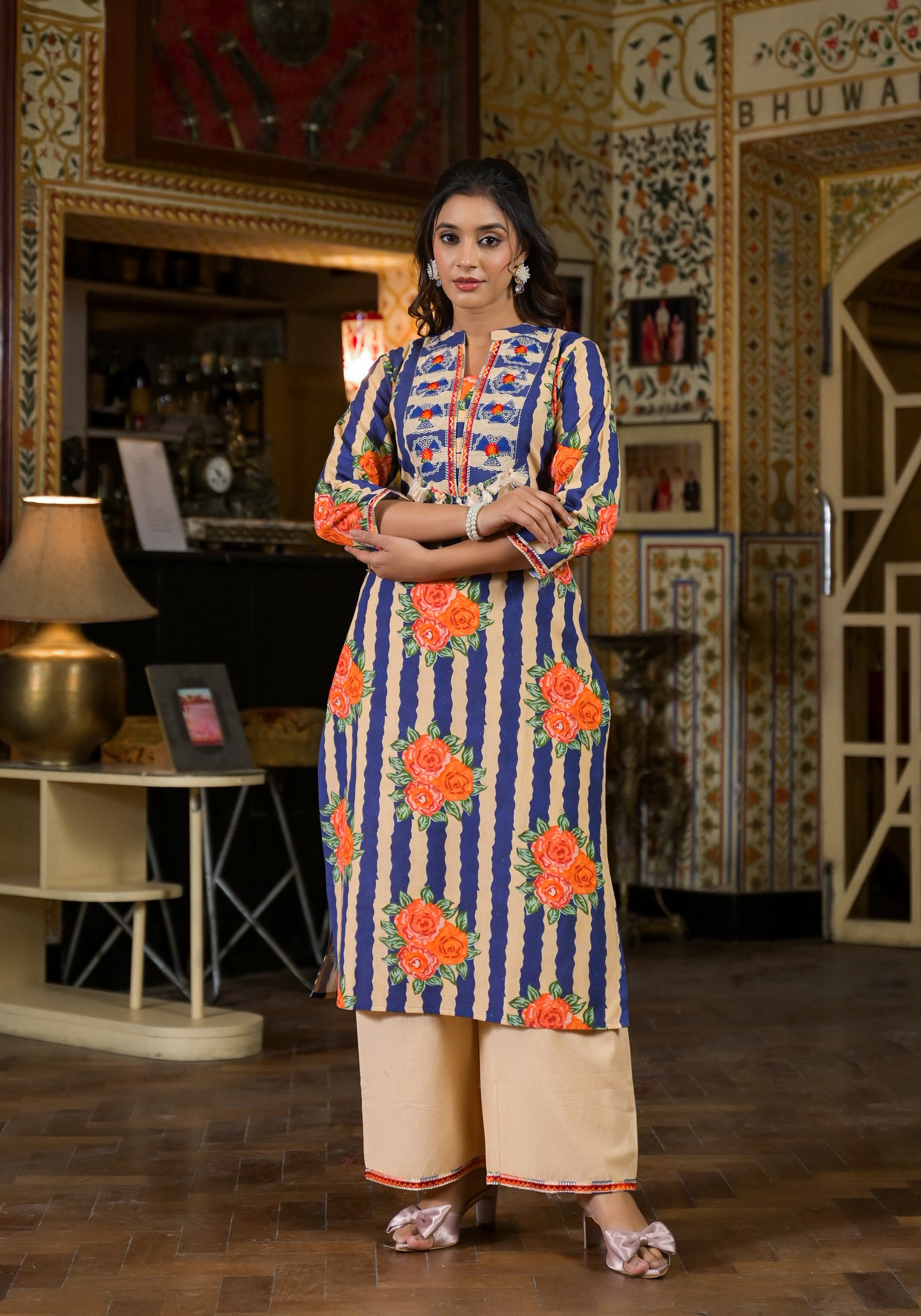 Stripe floral blue kurta pant