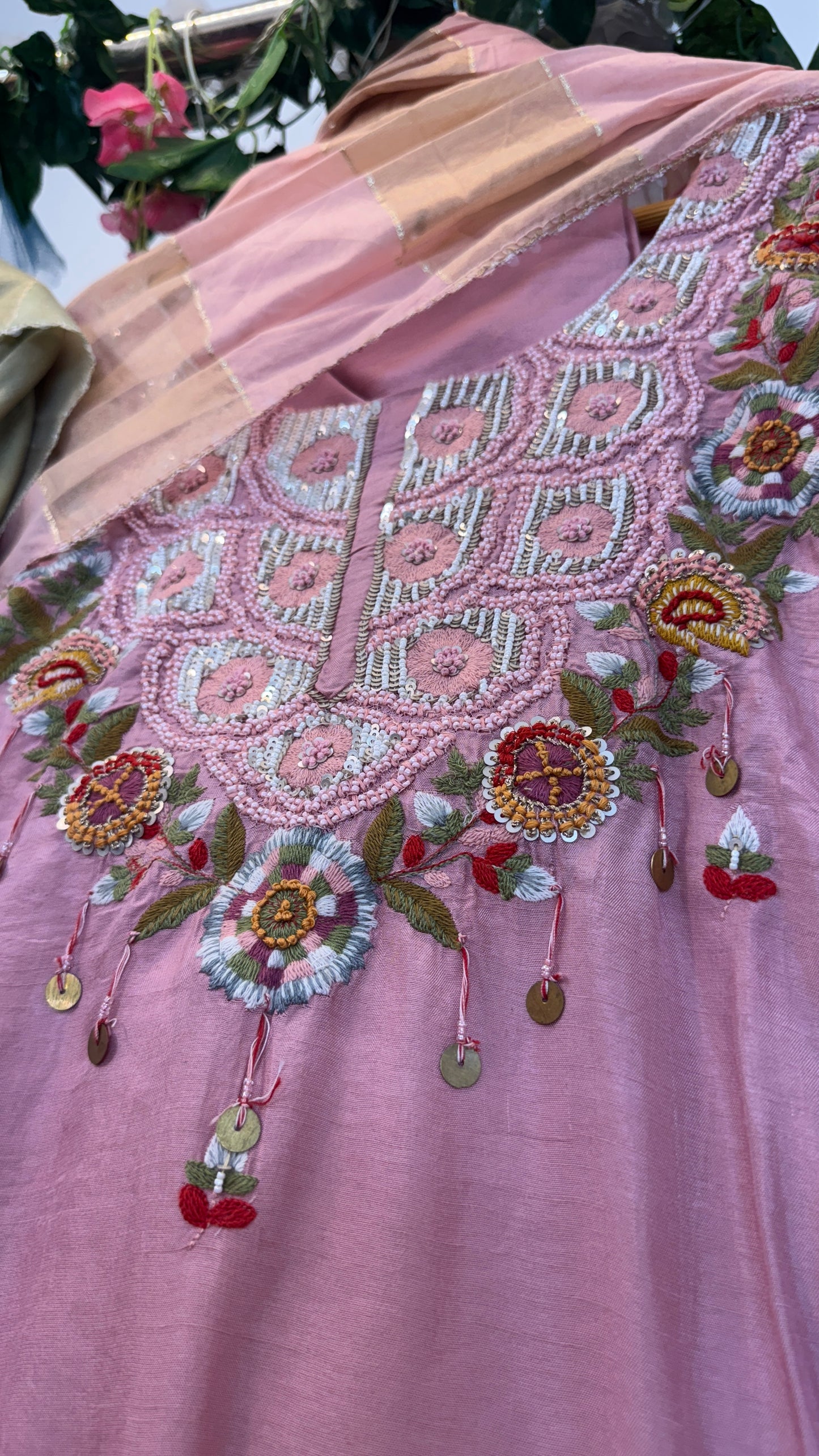Baby pink / green silk suit with tissue Dupatta