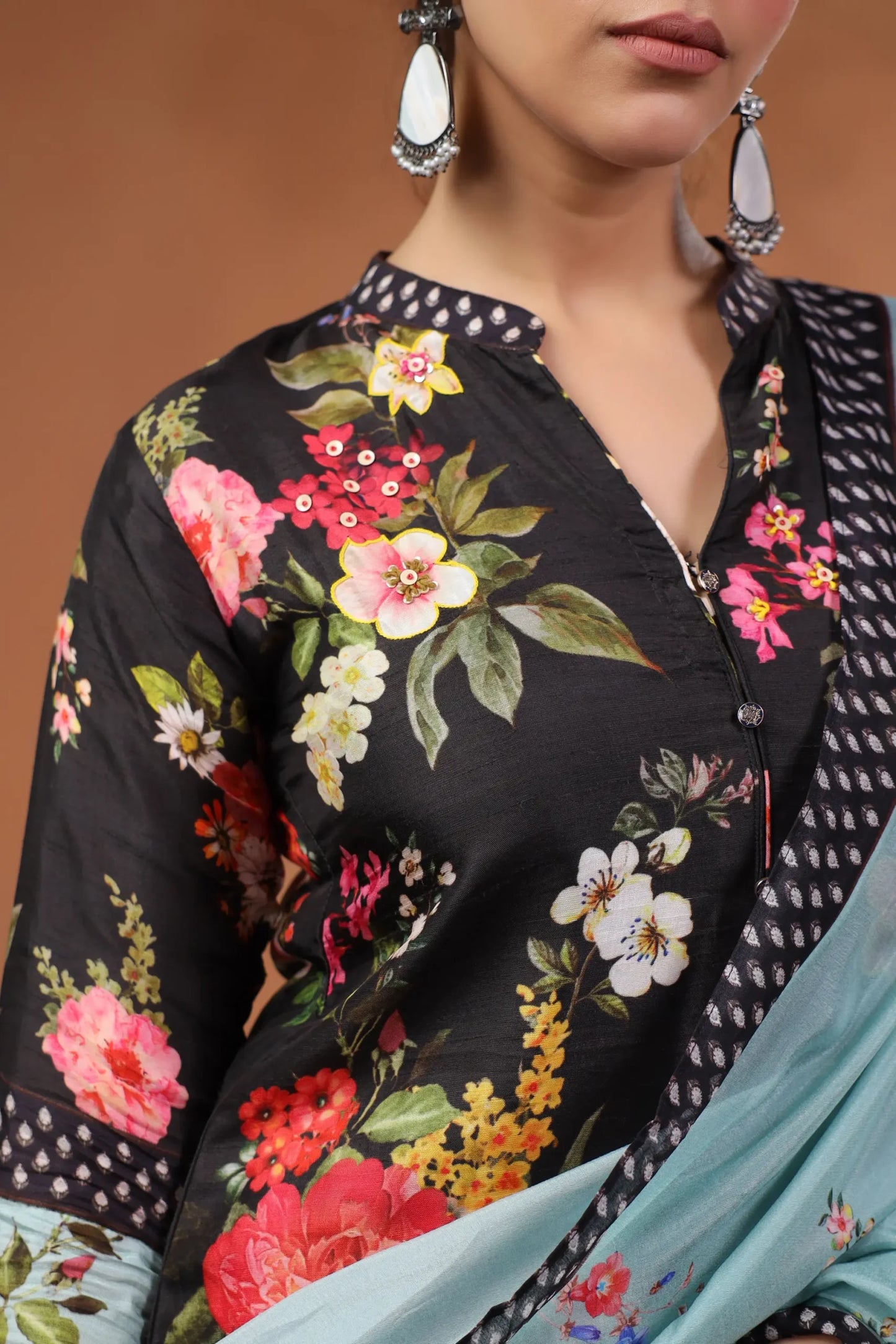 Black floral silk suit