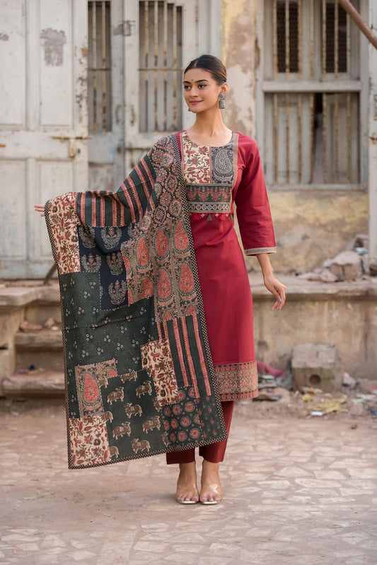 Maroon kutch ajrakh cotton Set