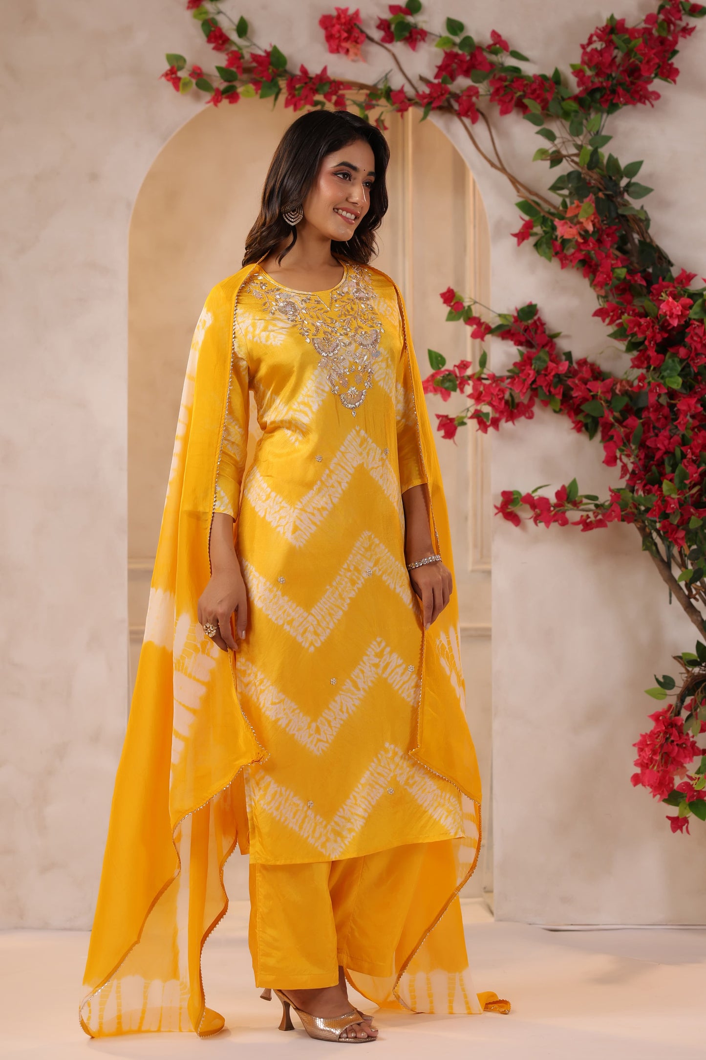 Yellow lehriya silk suit