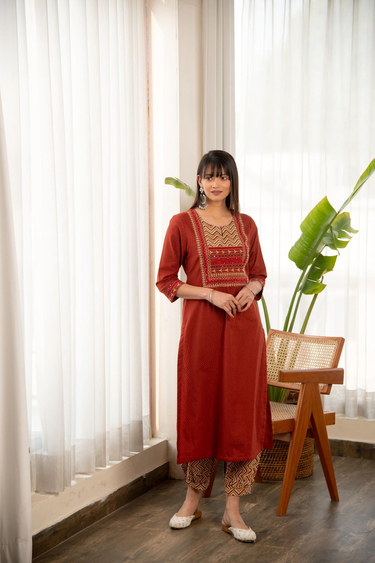 Rust Dobby Straight Kurta with Afghani bottom