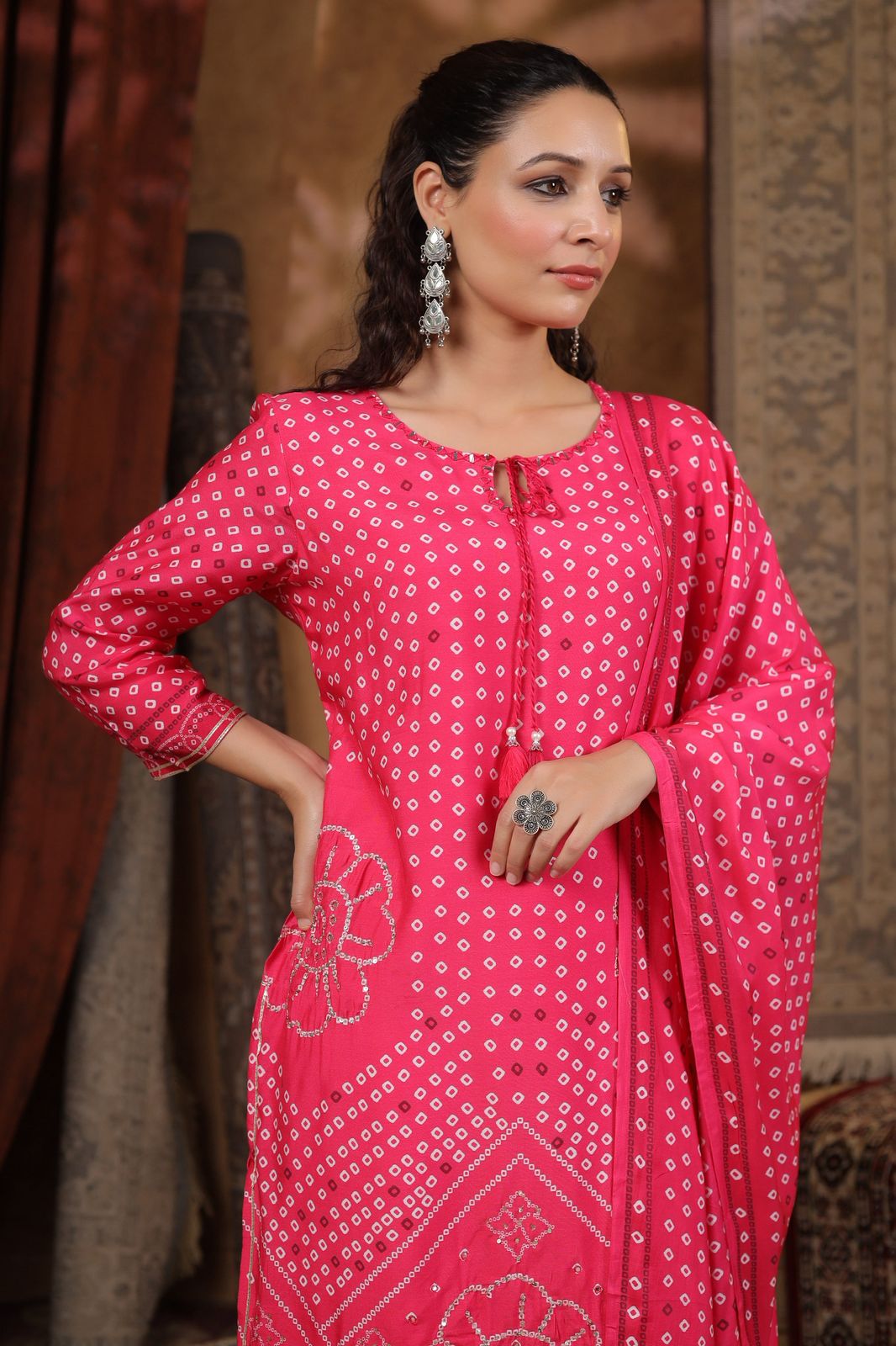 Pink Bandhani muslin silk suit