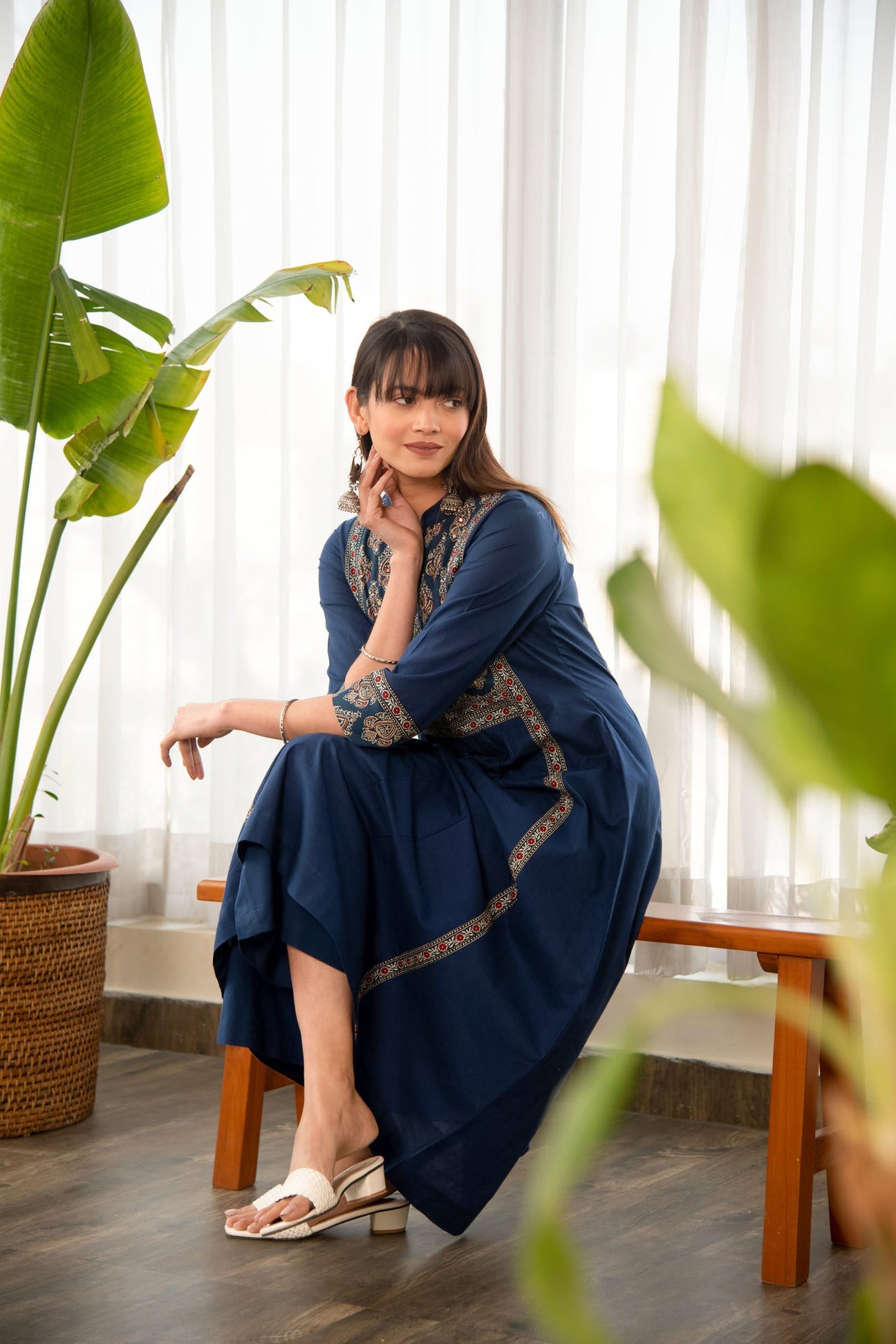 Indigo Blue Cotton Printed Yoke A-Line Kurta