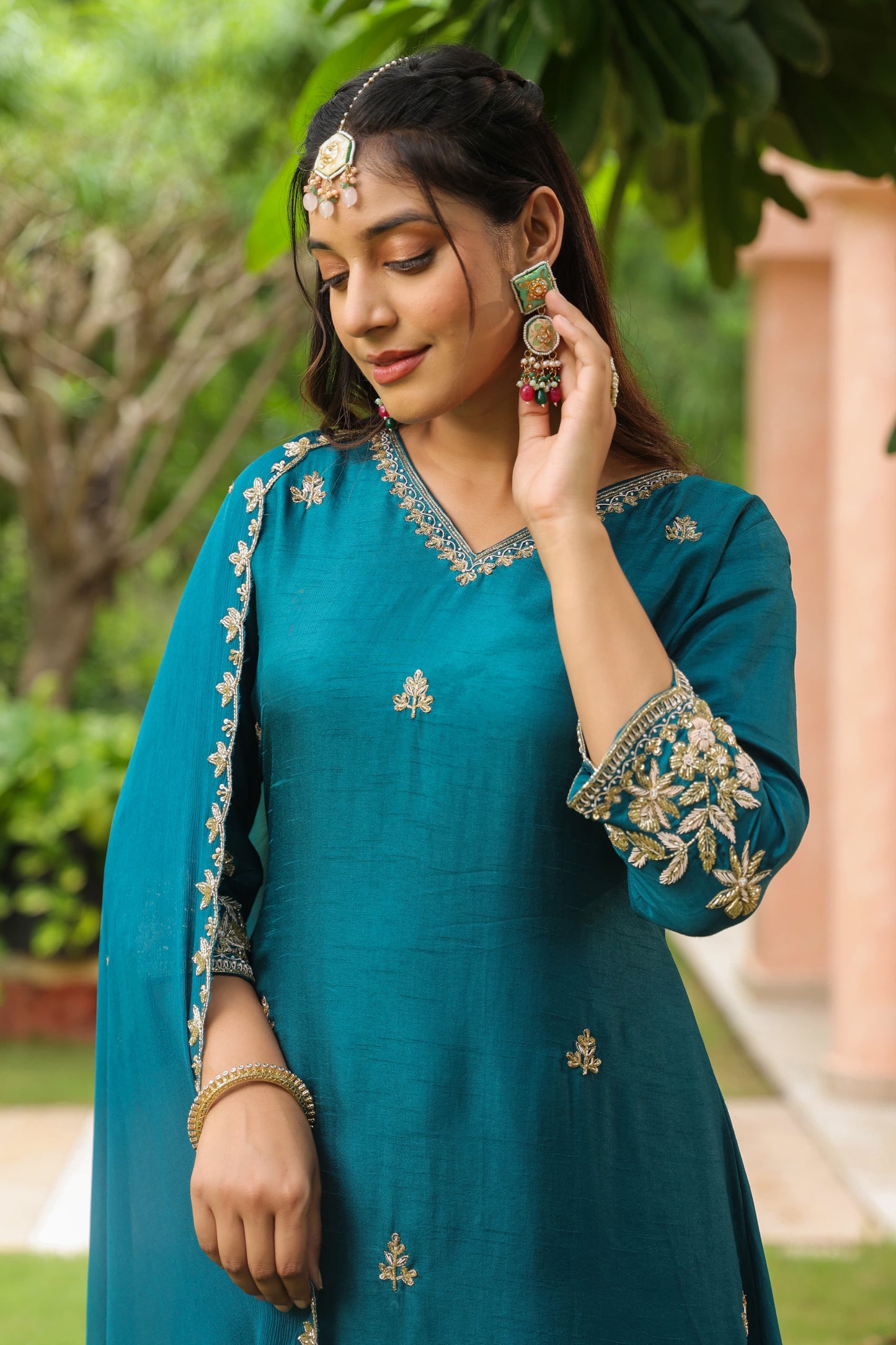 Blue Aline silk handwork suit