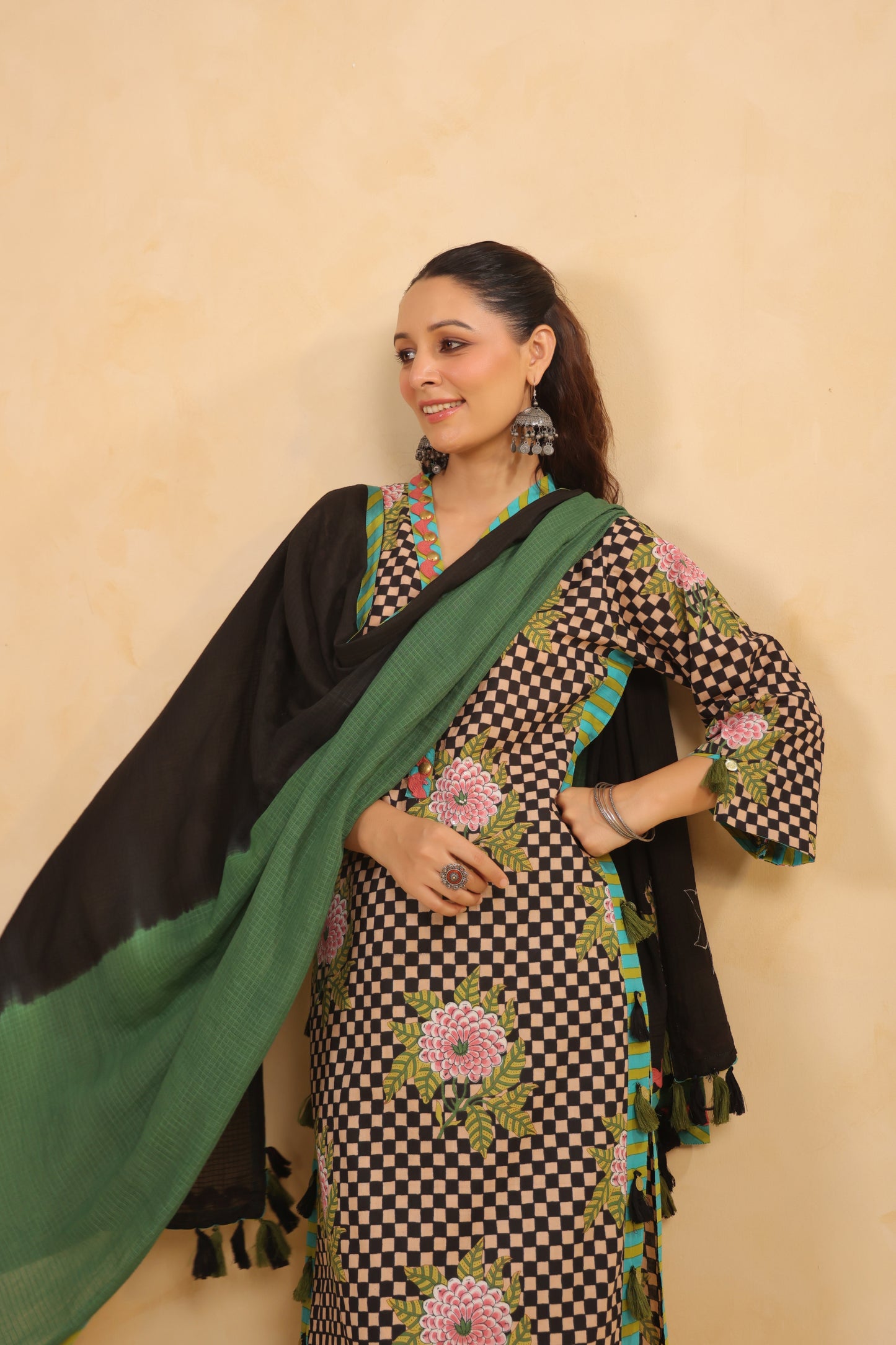 Black Gomertical cotton premium suit with beautiful detailing & kota doria dupatta