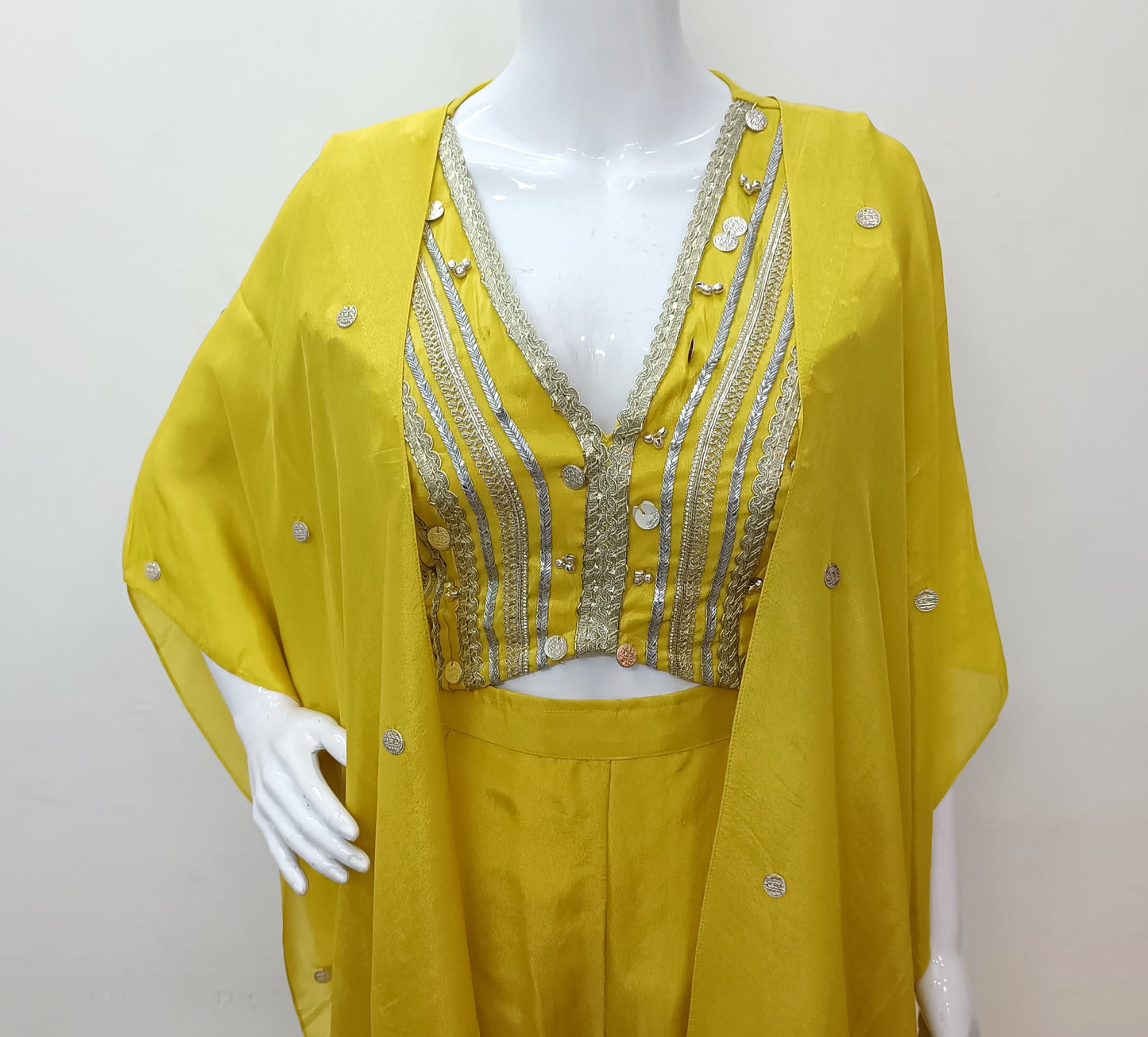 Yellow Tissue Indo western desiber blouse with cape & sharara