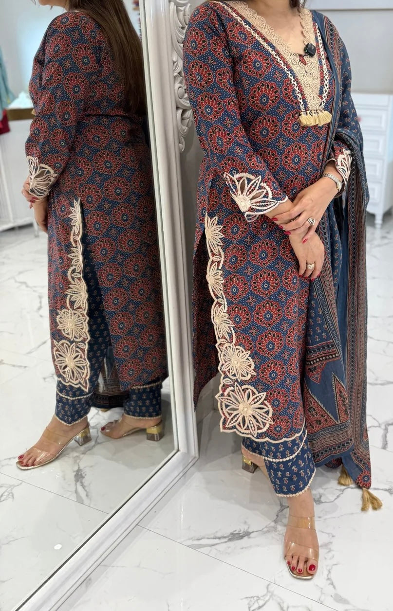 Cotton blue ajrakh cut work