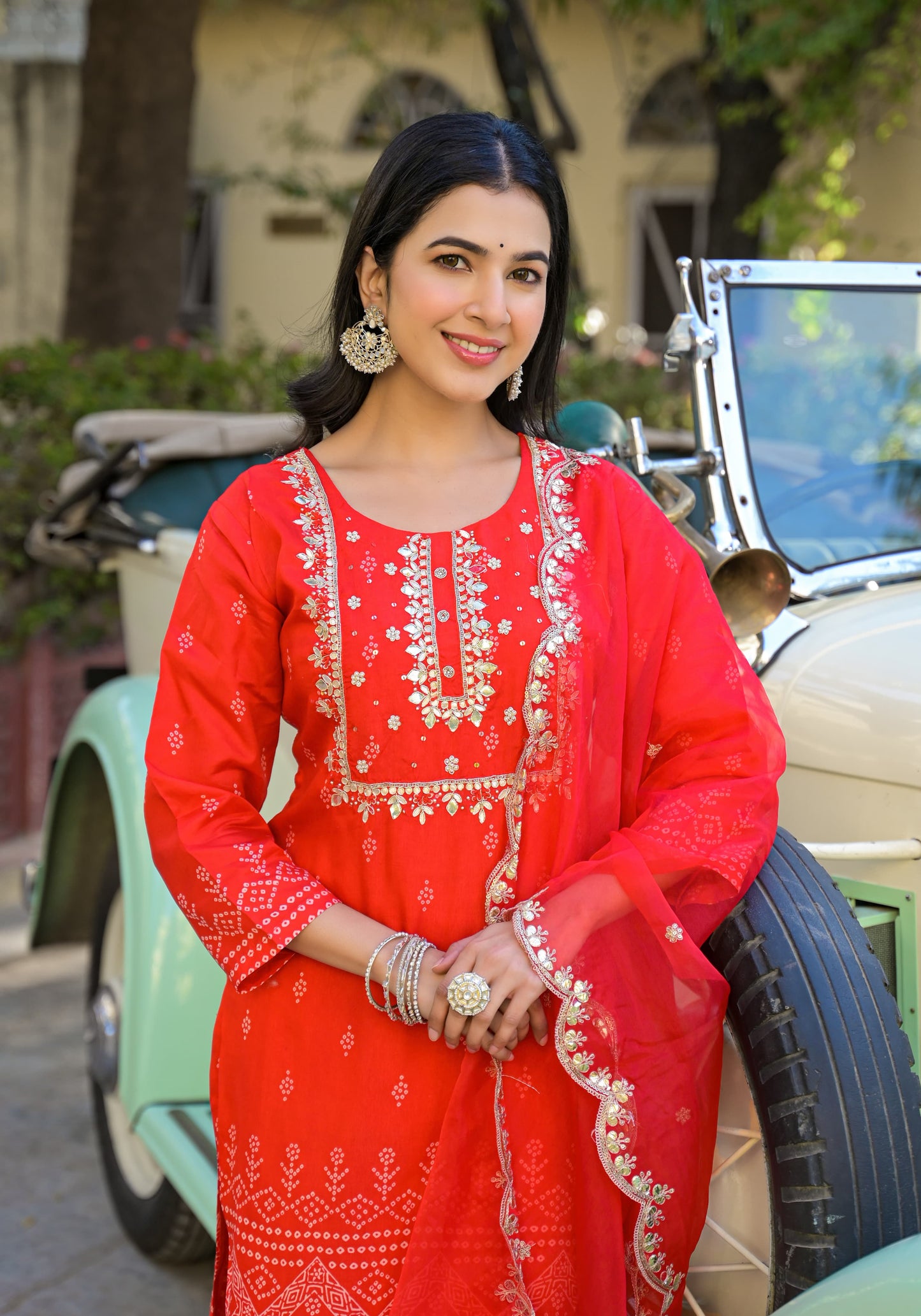 Classy red Bandhani silk suit