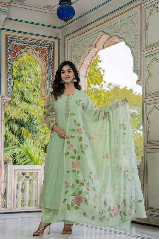 Hand print Greeny mul cotton