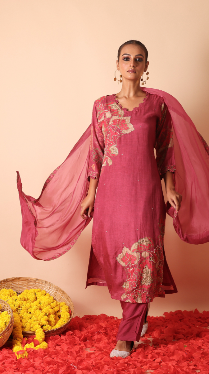 Nude pink silk suit