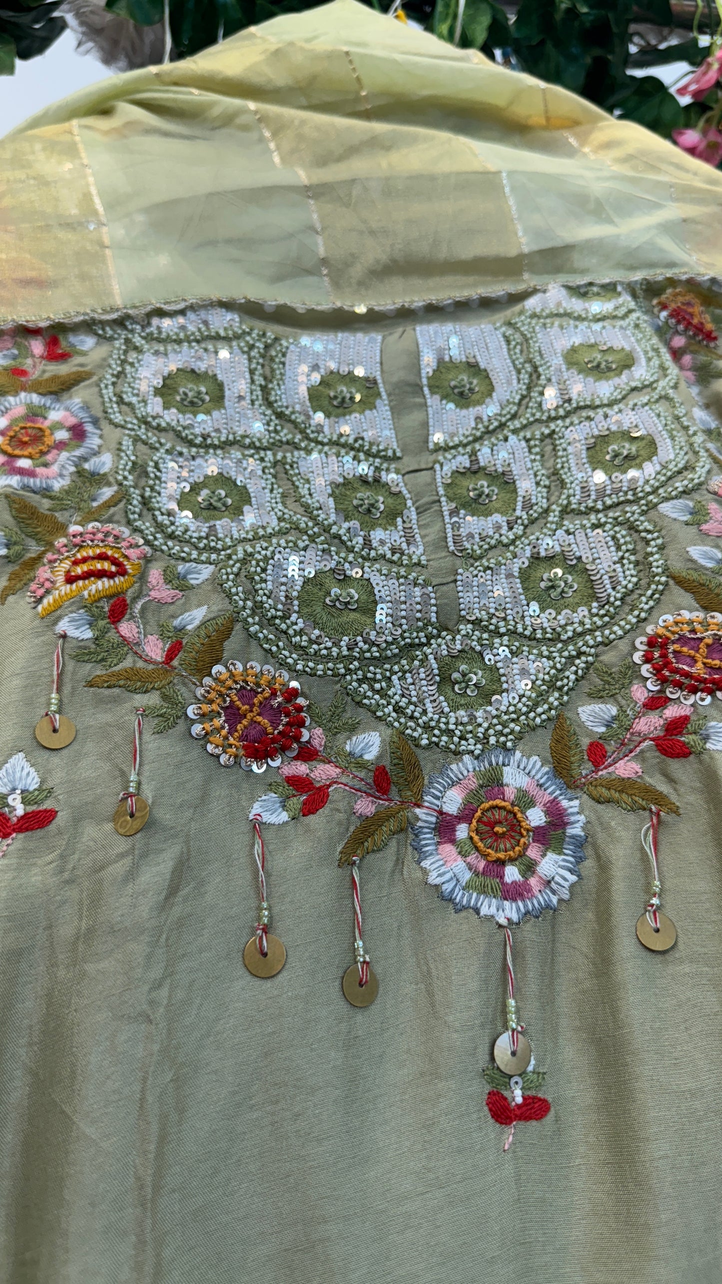 Baby pink / green silk suit with tissue Dupatta