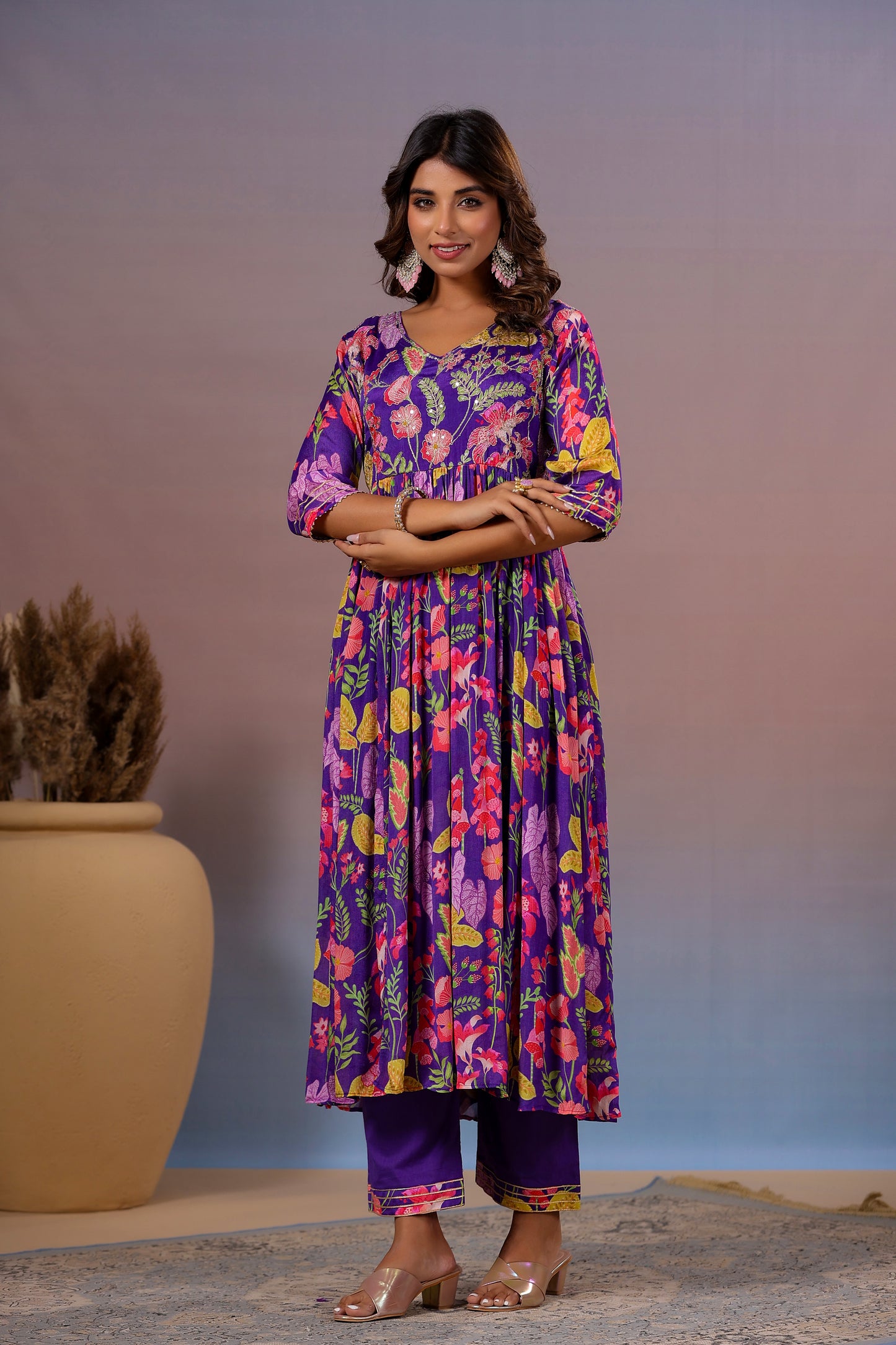 Purple floral chinon kurta pant
