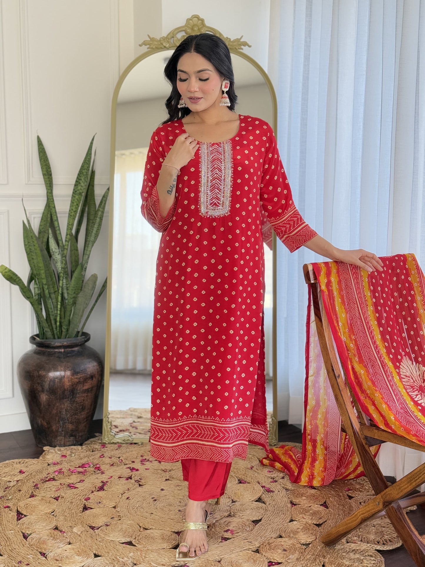Red Bandhani crepe suit