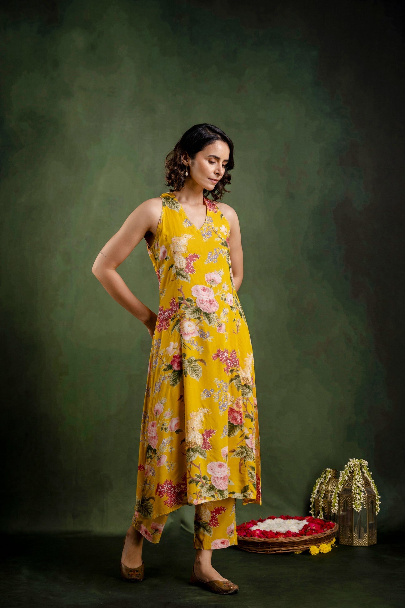 Mustard Printed Modal Embroidered Co-Ord Set