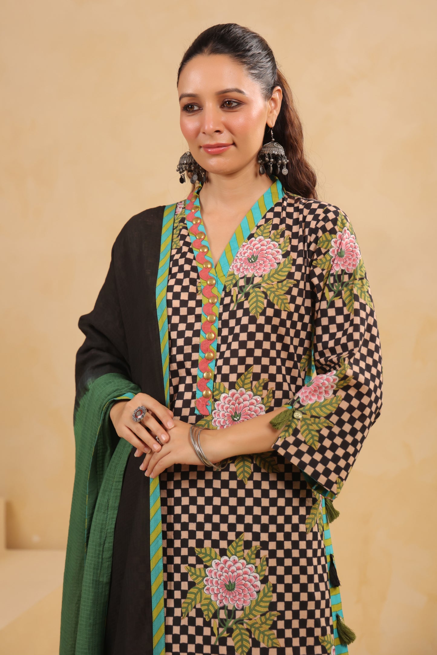 Black Gomertical cotton premium suit with beautiful detailing & kota doria dupatta
