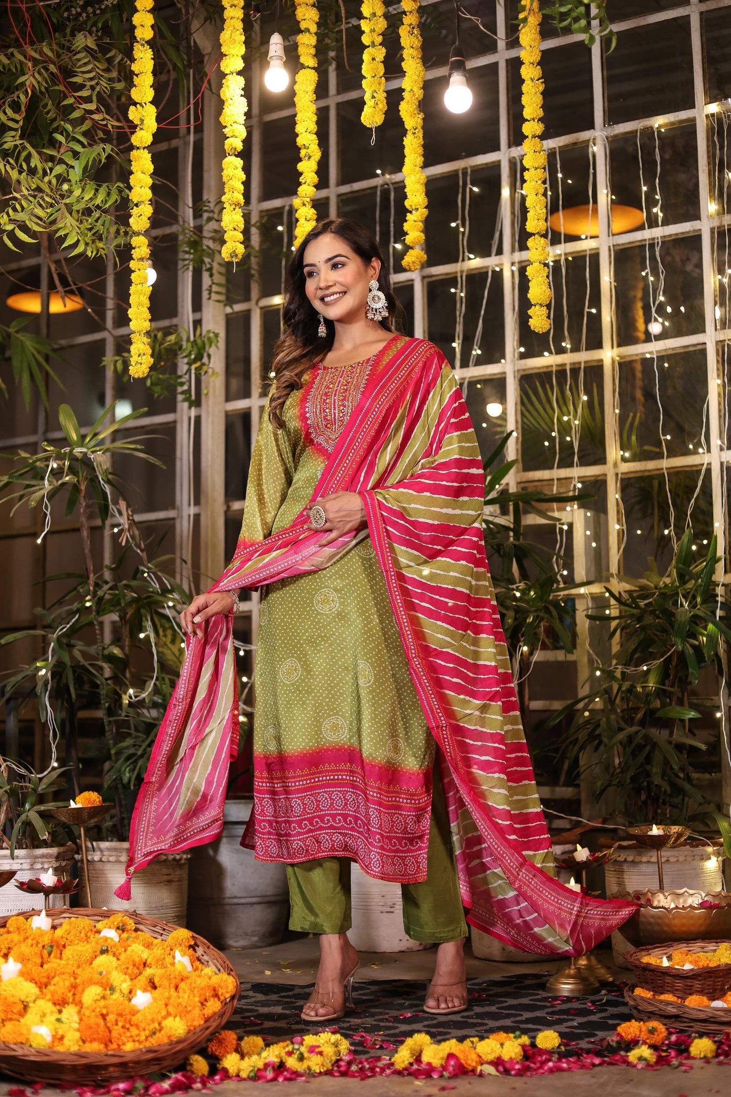 Green Bandhani chinon suit