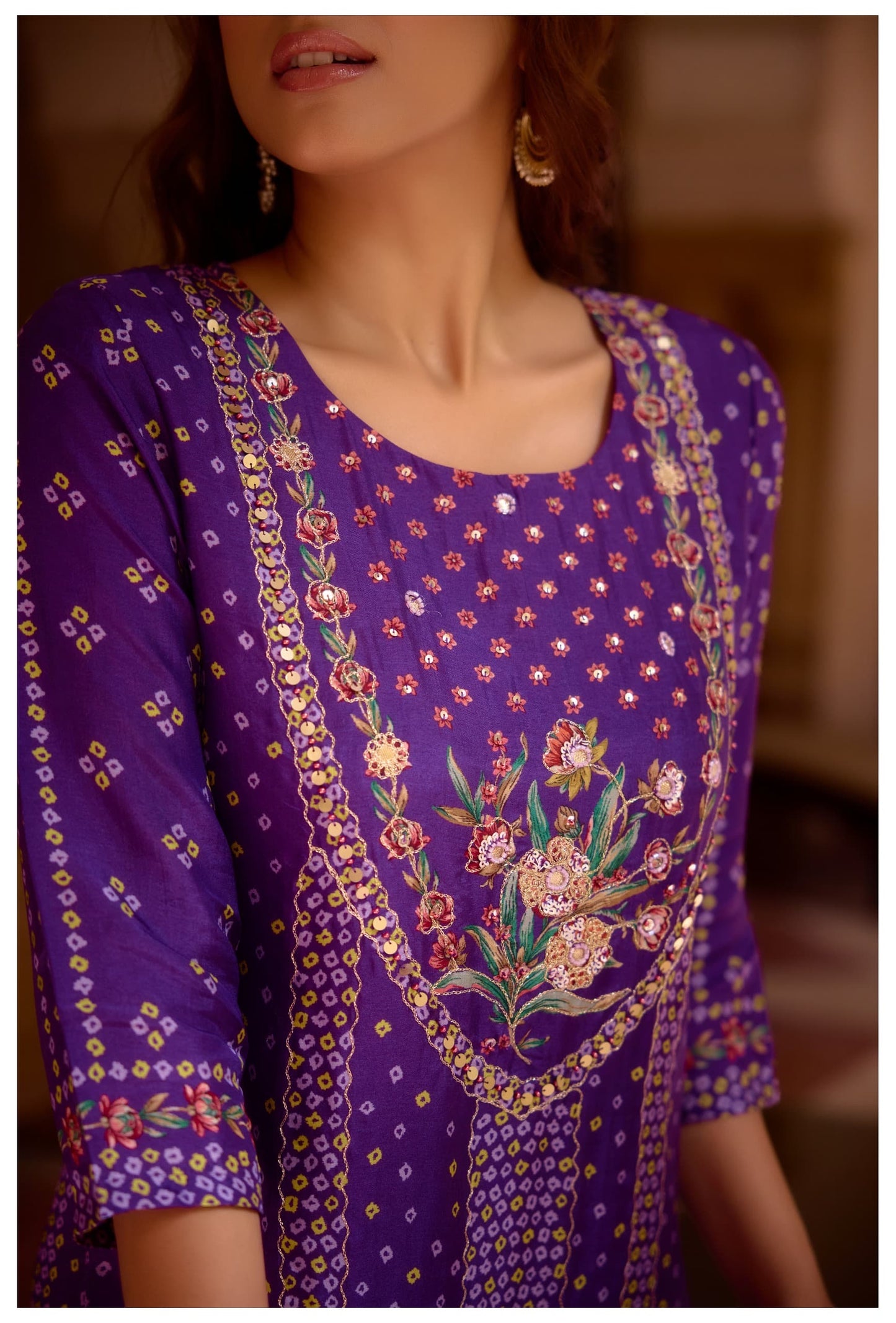 Purple Bandhani Russian silk suit