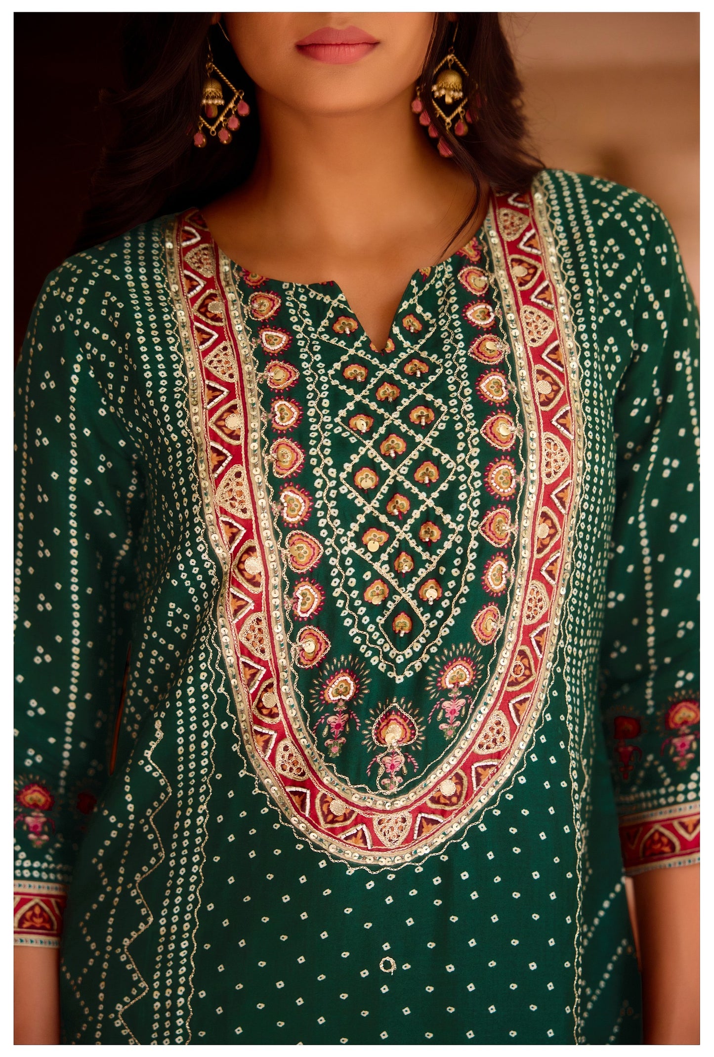 Bottle green Bandhani Russian silk suit