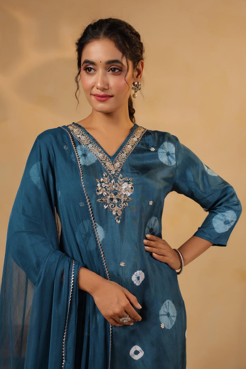 Blue Bandhani silk suit