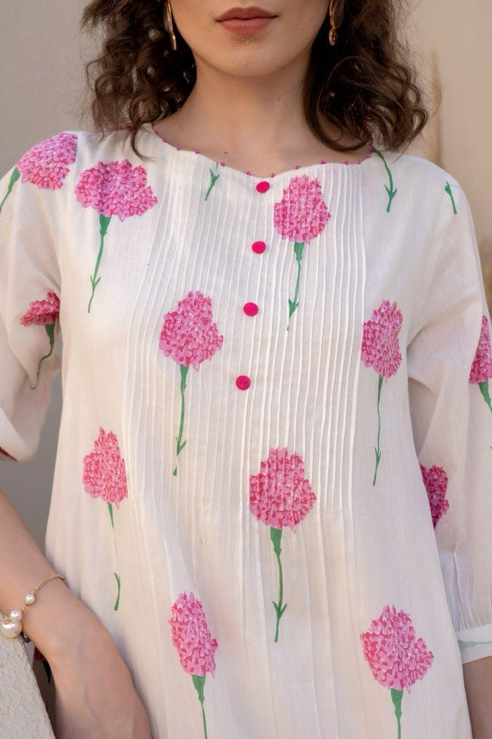White with pink flower cotton kurta pant