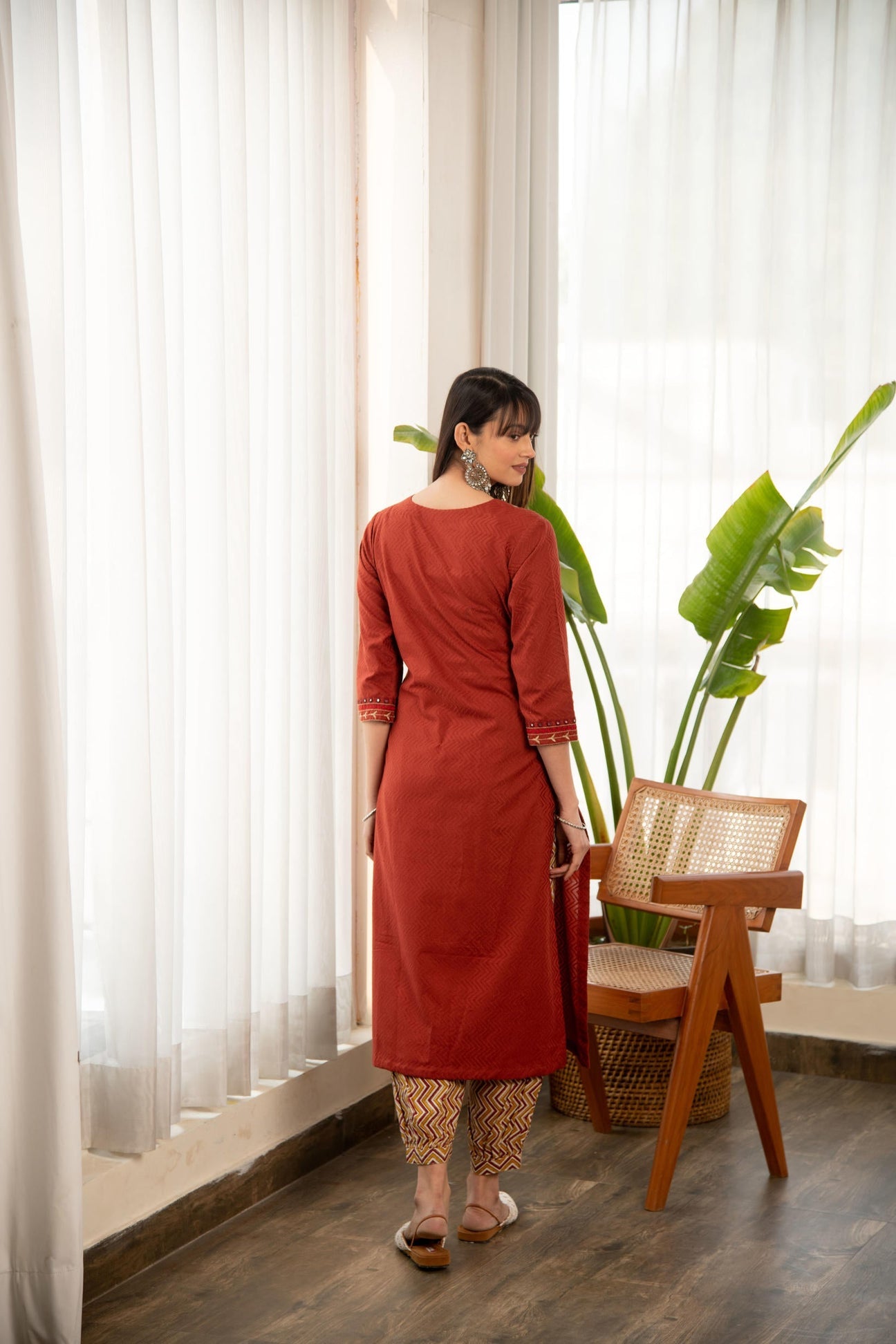 Rust Dobby Straight Kurta with Afghani bottom