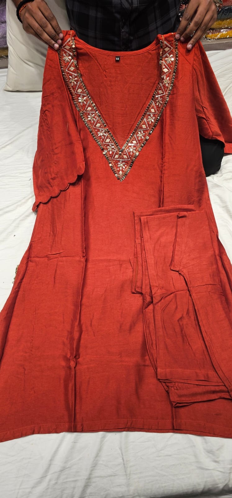 Premium rust Pure chandari silk A-Line Kurta With Pant & Buster