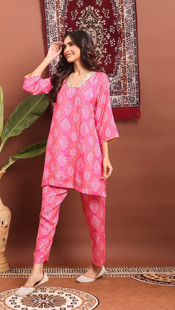 Festive red/pink bandhej co-ord set with adda work on neckline