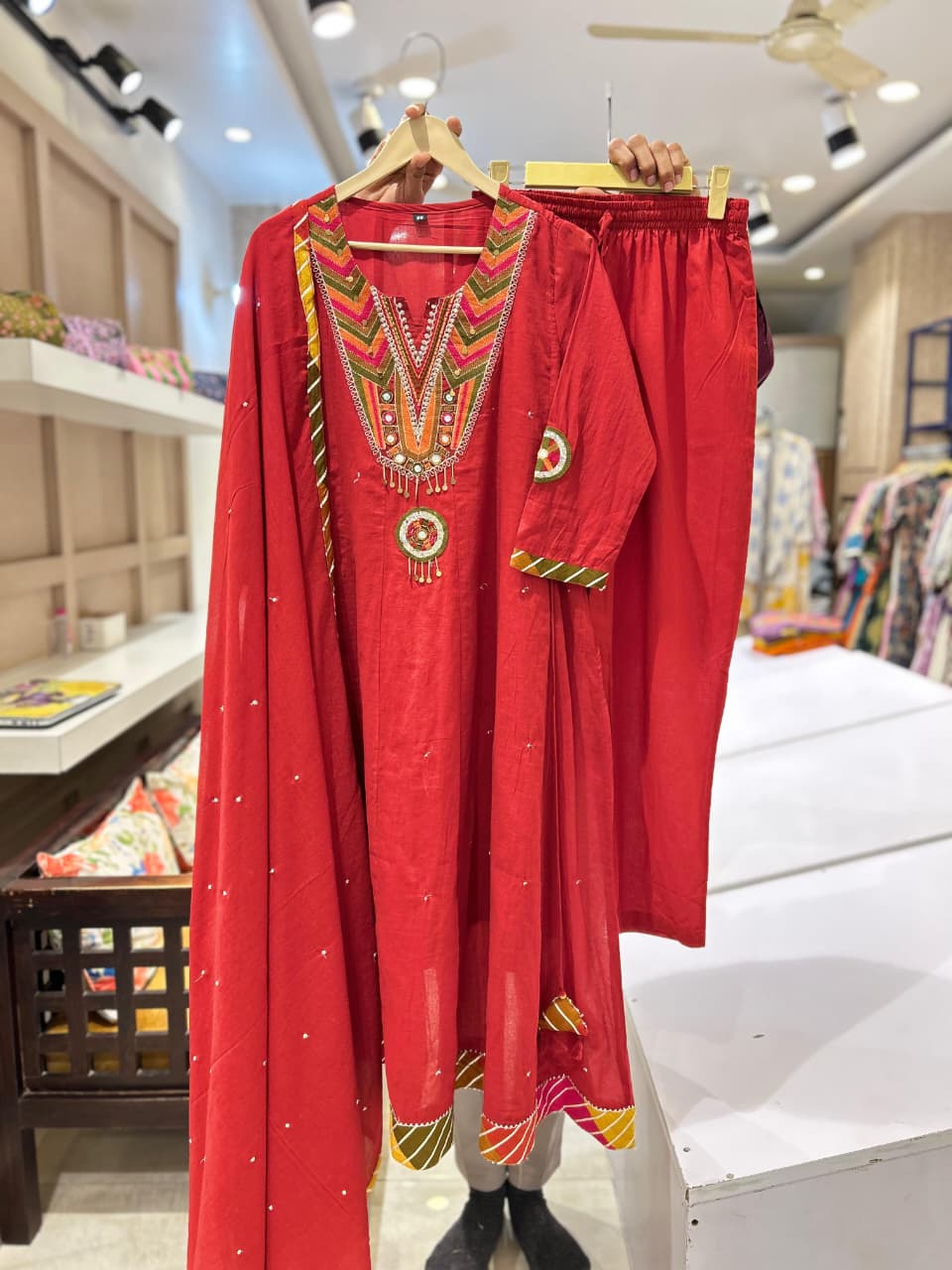Red Pure cotton Anarkali with beautiful embroidery yoke crush dup and pants