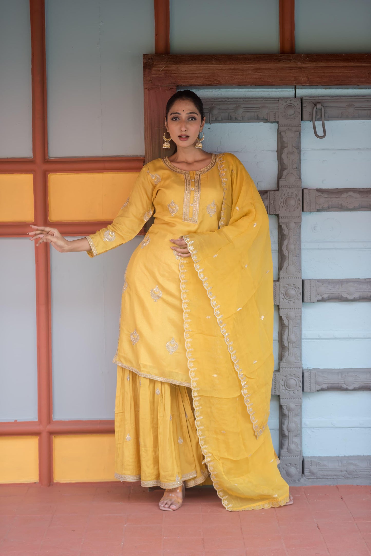 Chand Bali sharara set ( yellow/pink/green)