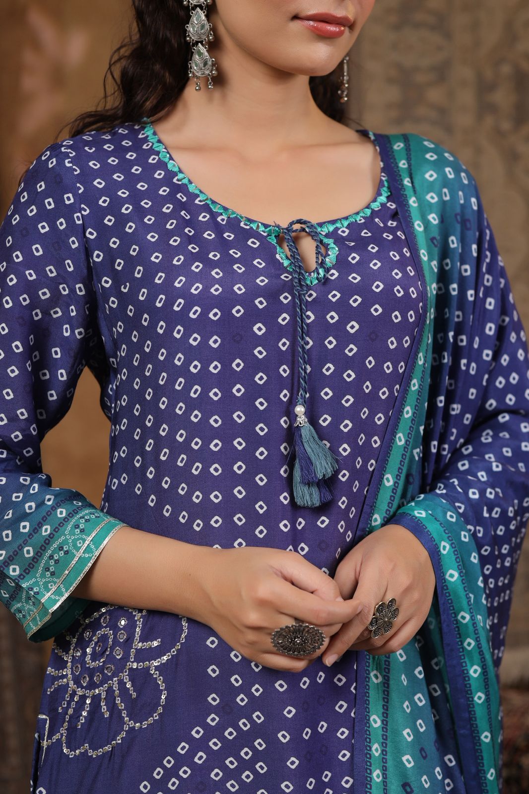 Blue Bandhani muslin silk suit