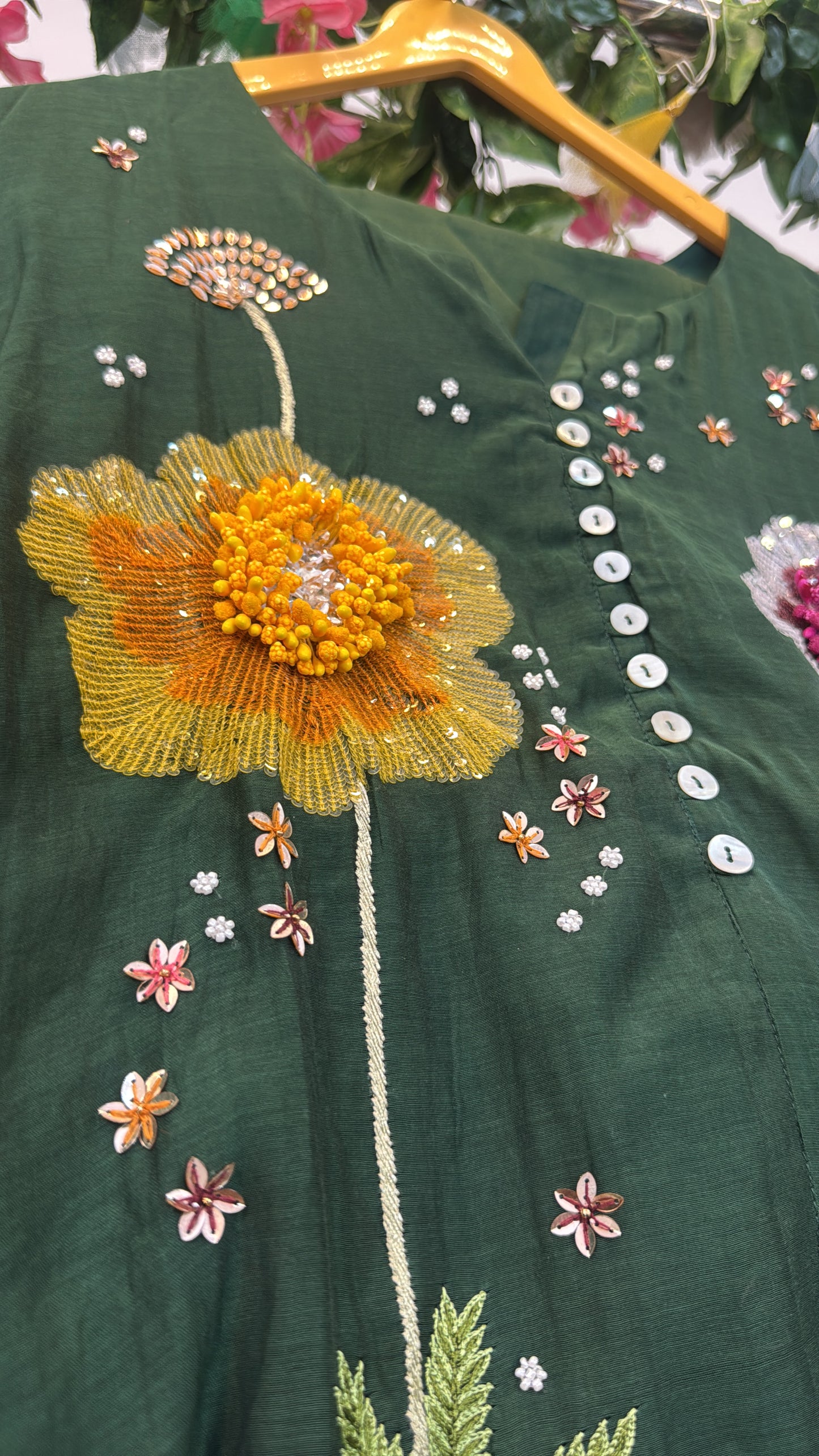 Beautiful 3d hand work green mul chandari co ord set