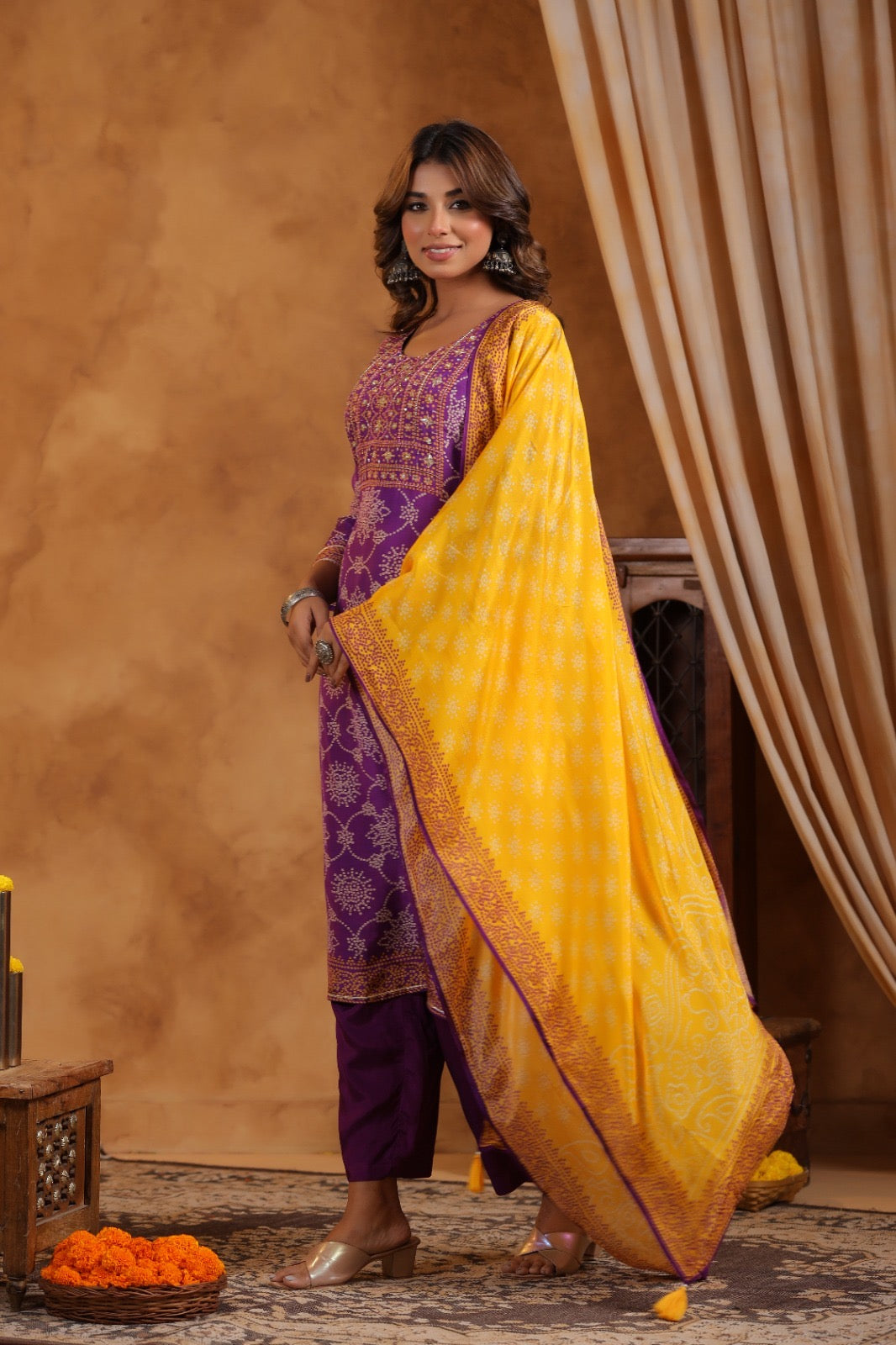 Purple Bandhani mul silk suit