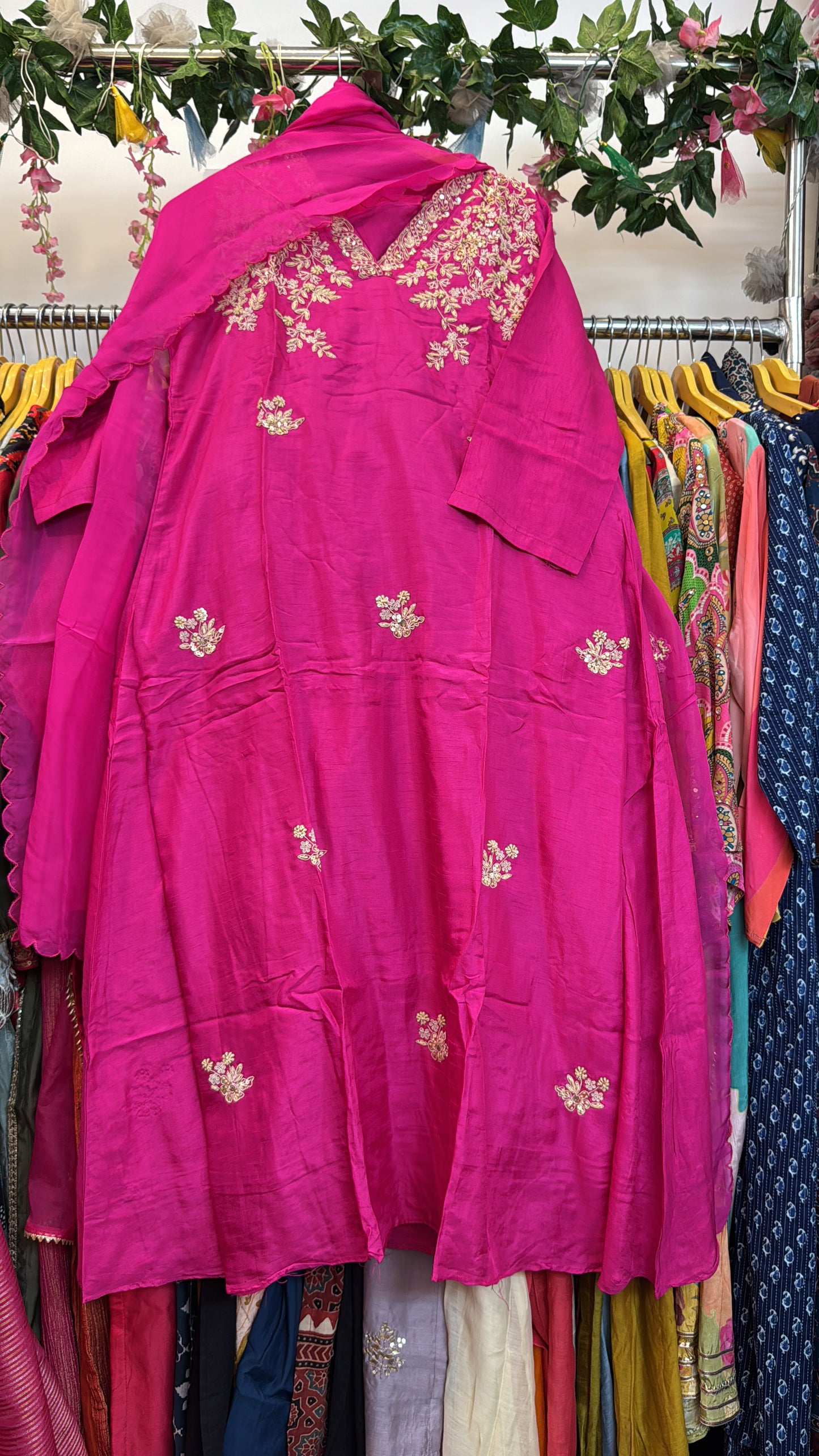 Pink shoulder hand work silk suit