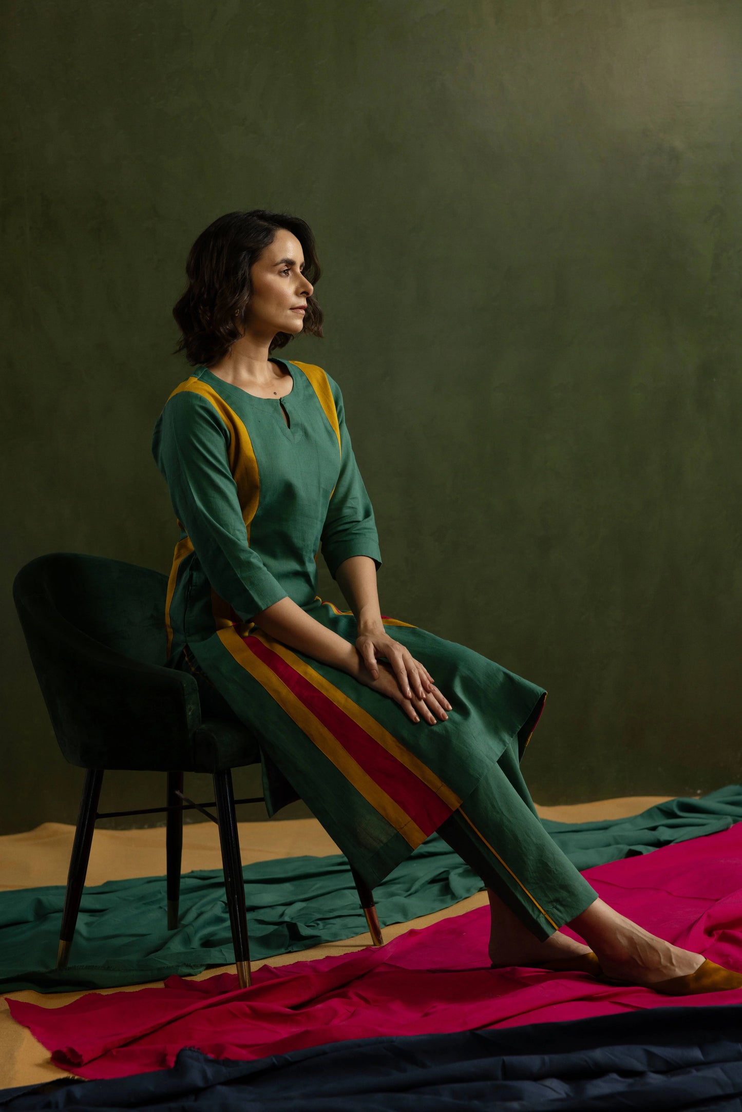 Bottle green Linen Kurta Pant Set in Colour Block