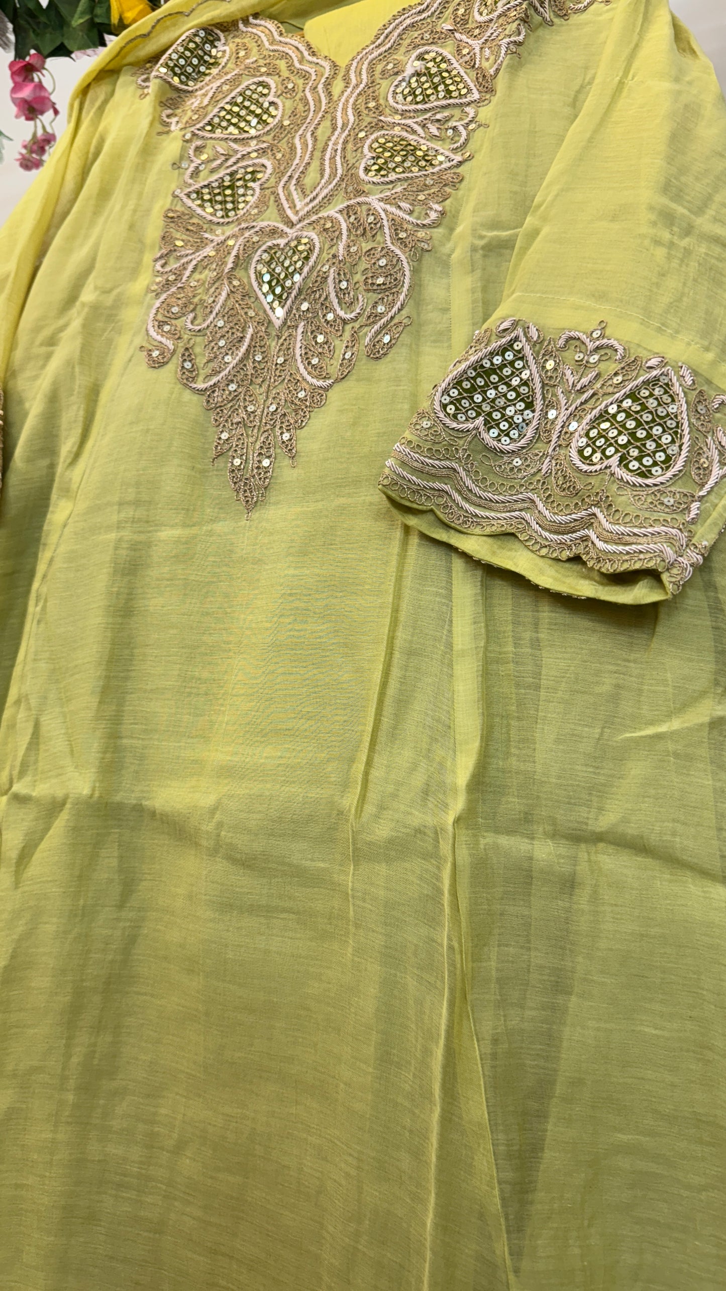 Classy green zari hand work mul chandari