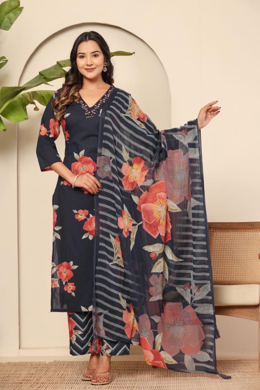 Blue & black floral mul cotton suit