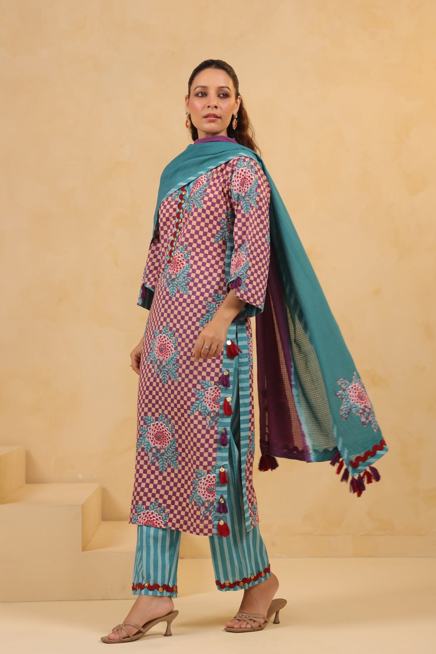 Gomertical cotton premium suit with beautiful detailing & kota doria dupatta