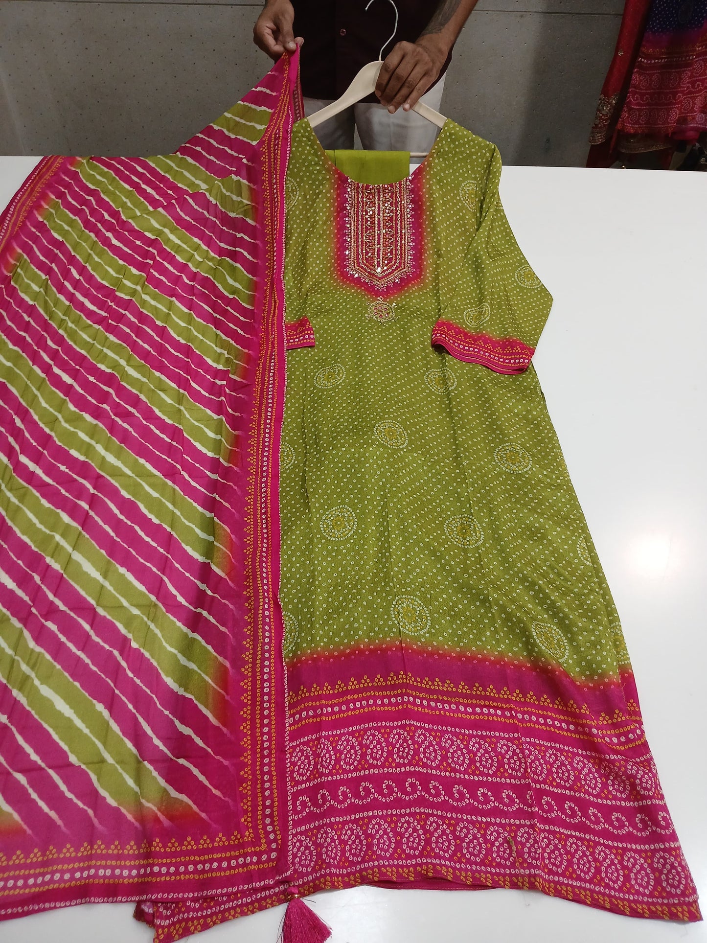 Green Bandhani chinon suit