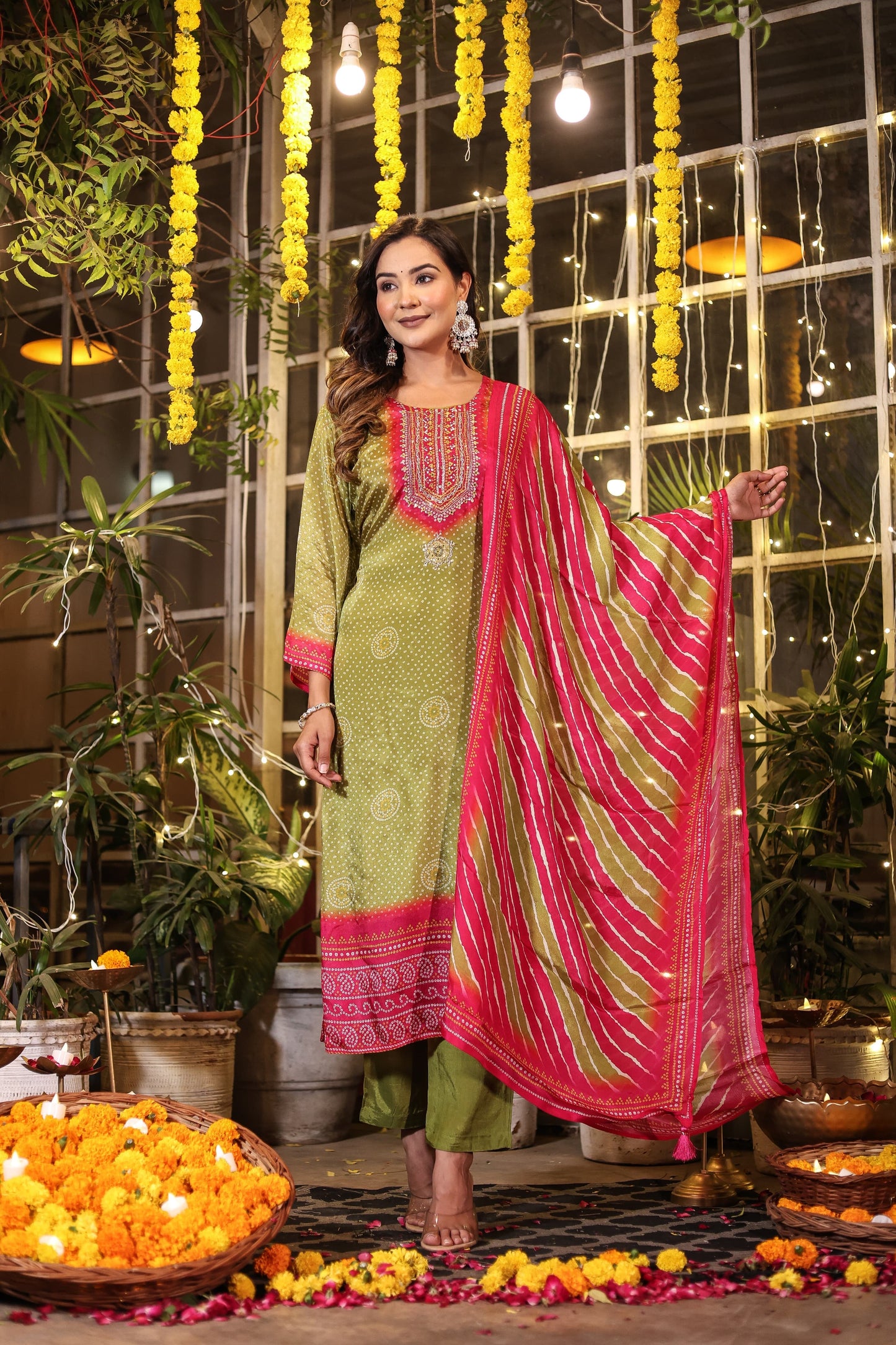 Green Bandhani chinon suit