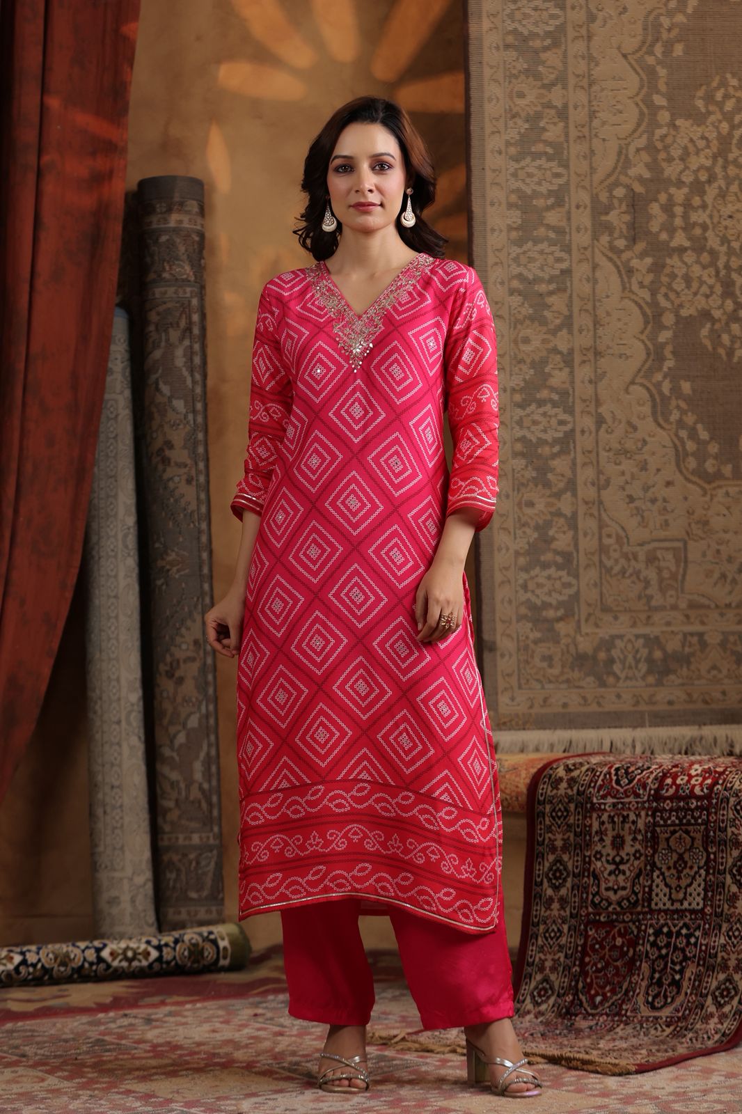 Red pink Bandhani muslin silk suit