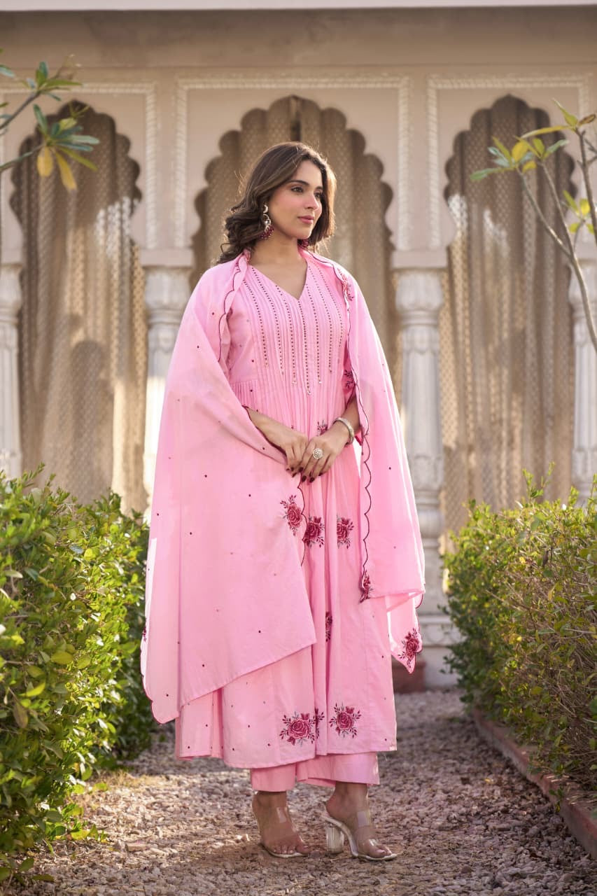 Fusion pink mul cotton embroidery Anarkali