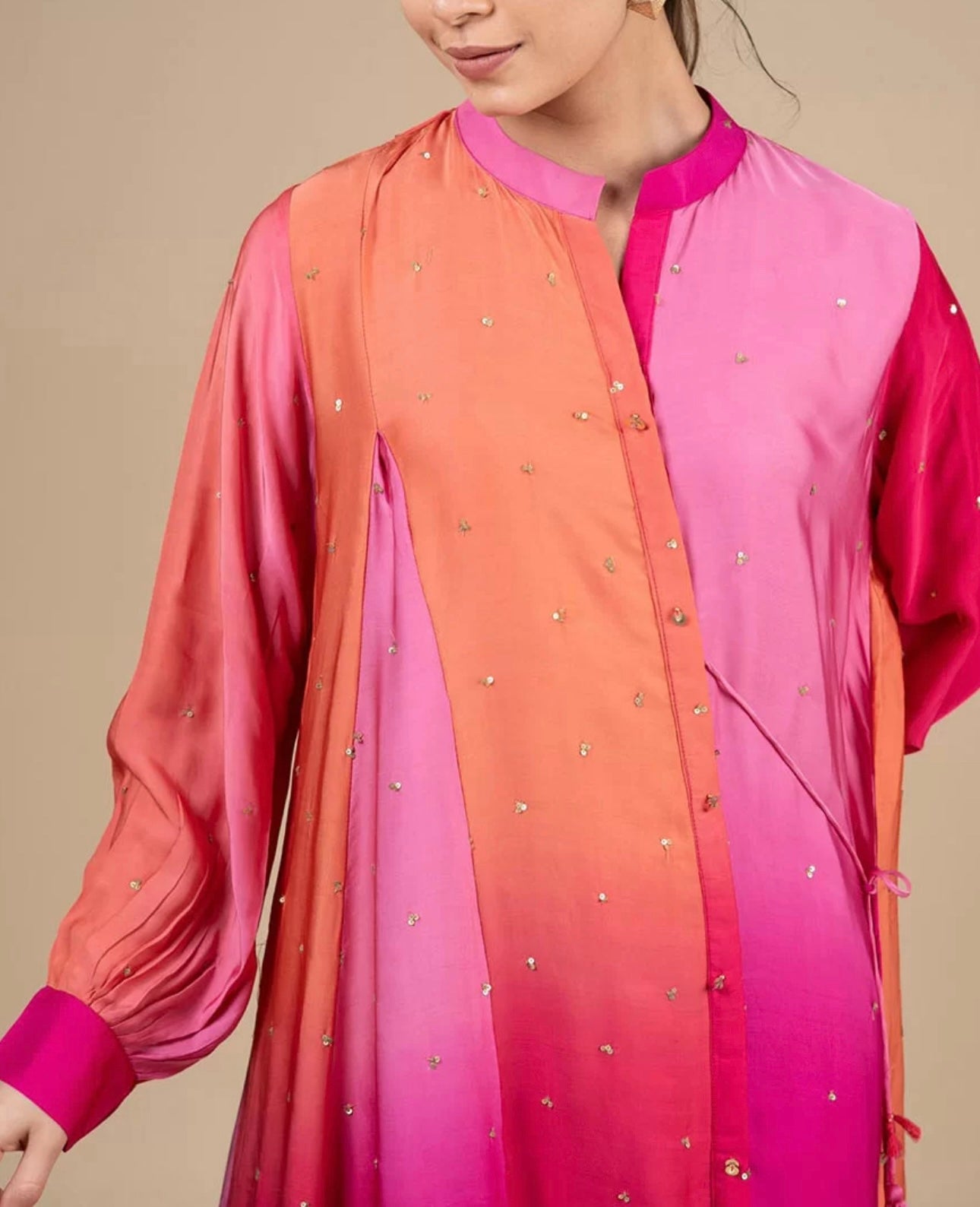 Dyed Mandarin
Collar Puff Sleeves A-Line Kurta with Trousers