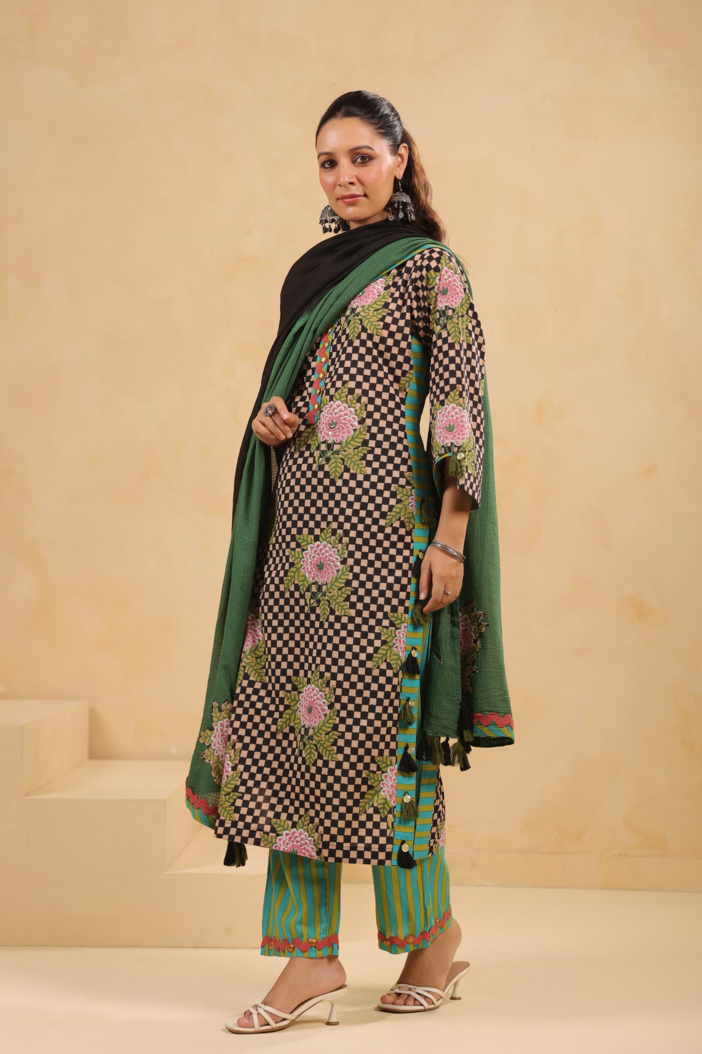 Black Gomertical cotton premium suit with beautiful detailing & kota doria dupatta