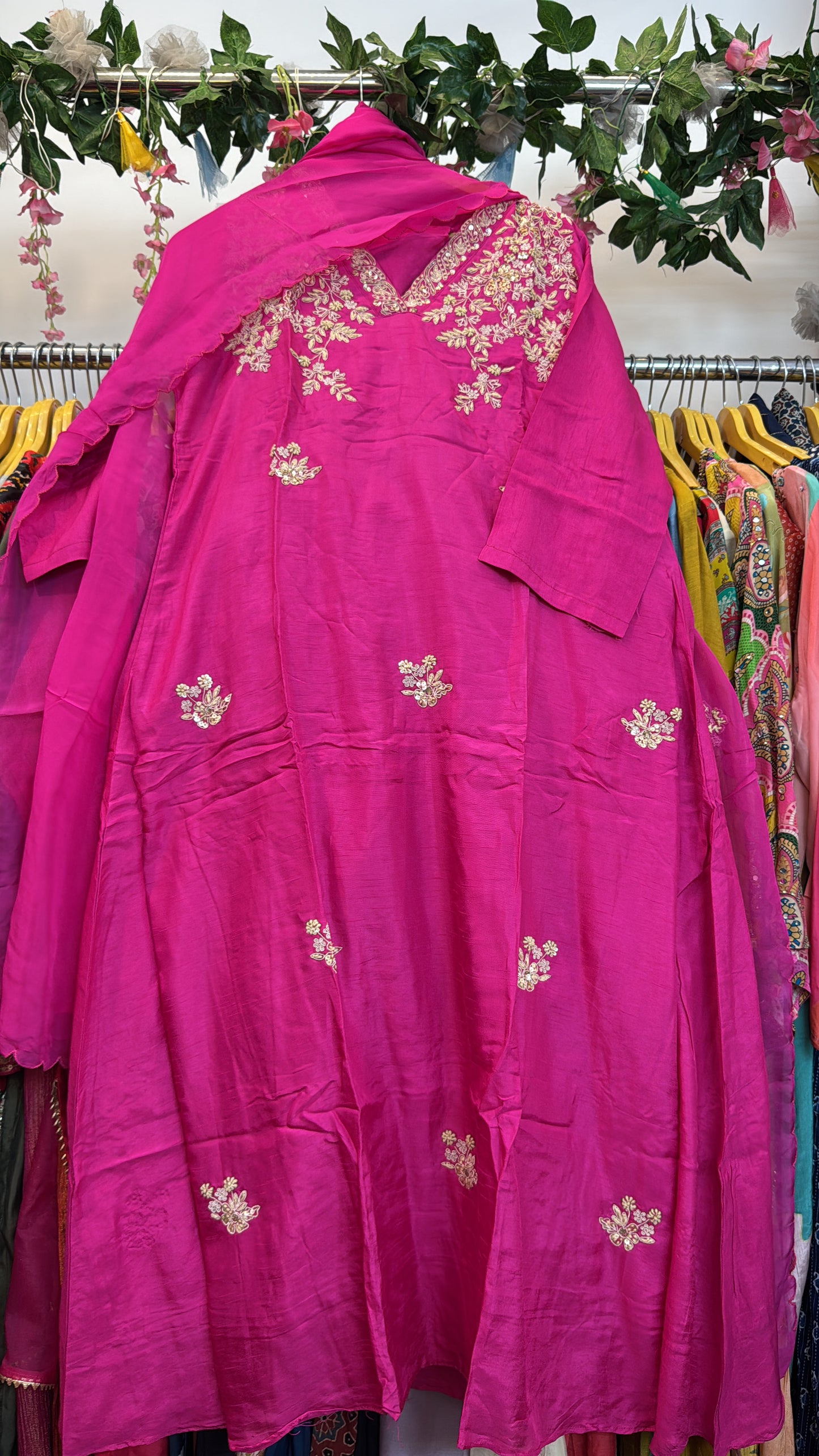 Pink shoulder hand work silk suit